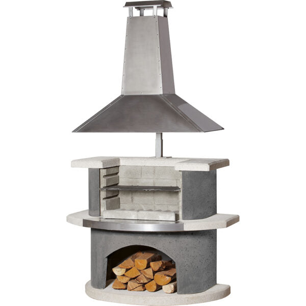 The Buschbeck Zurich Masonry Barbecue features a tall chimney, two grates for grilling, and a storage space below for firewood. Its stainless steel construction ensures durability and provides a sleek appearance, enhancing your outdoor grilling experience.