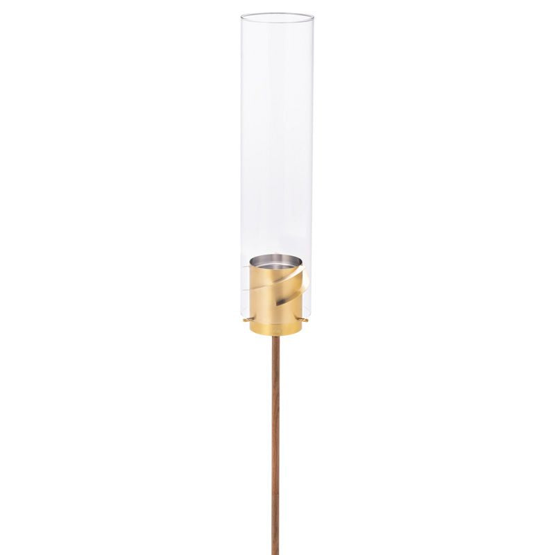 The Höfats SPIN Ground Spike Oak 3-part is a tall, slim candle holder with adjustable heights and features a clear glass cylindrical cover mounted on a long, thin stem.