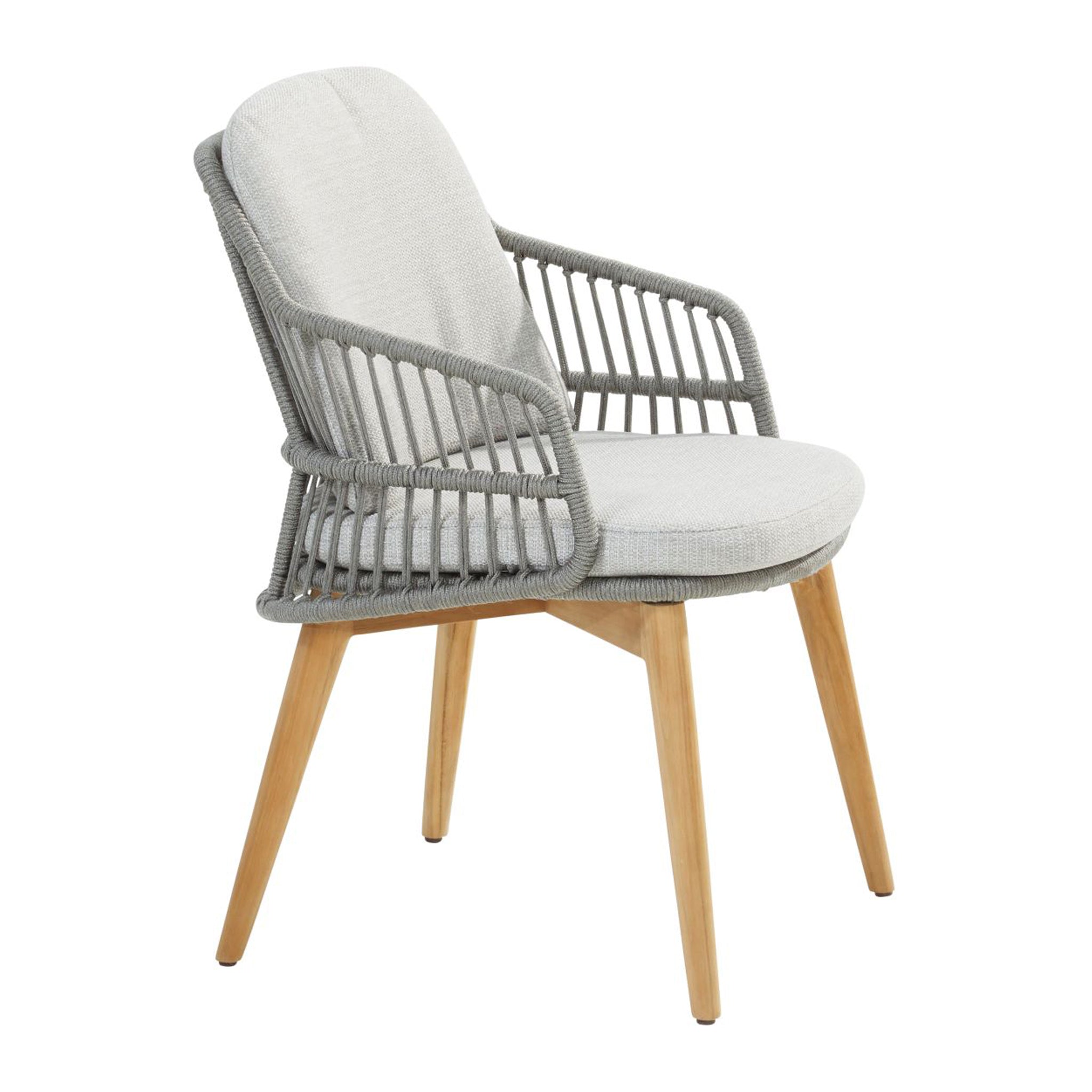 The Sempre 6 Seat Rectangular Dining Set features a modern chair with a grey cushioned seat, a rope design backrest, and handmade teak wood legs, perfect for stylish outdoor furniture.