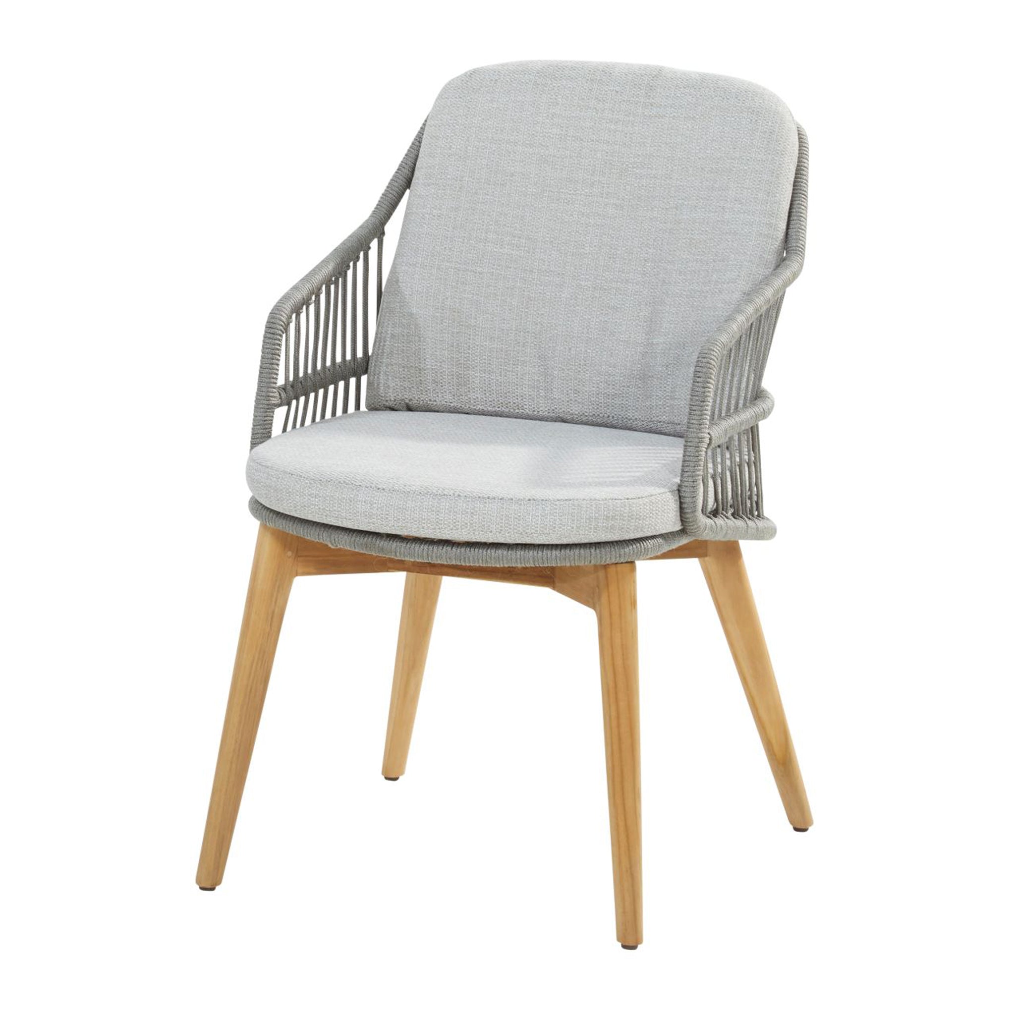 A contemporary light grey dining chair from the Sempre 6 Seat Rectangular Dining Set, featuring cushioned seating, wooden legs, and a handmade woven rope backrest, ideal for outdoor dining arrangements with its teak table inclusion.