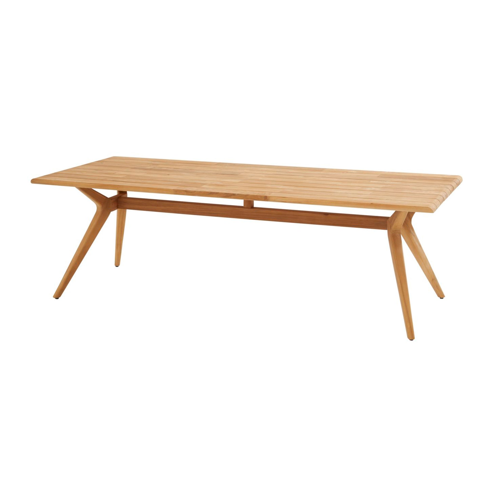 The Sempre 6 Seat Rectangular Dining Set features a handmade, minimalist rectangular teak wood table with angled legs, crafted in a light grey finish.