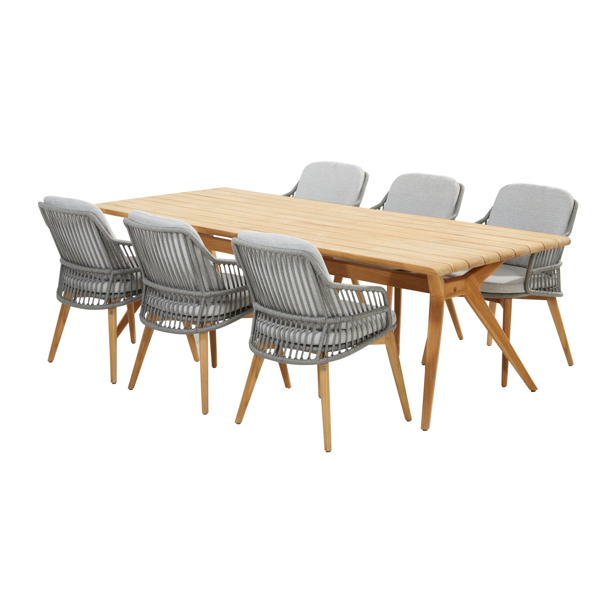 The Sempre 6 Seat Rectangular Dining Set with Teak Table in Light Grey, featuring six gray cushioned chairs with wicker backs, is beautifully arranged and perfect as outdoor furniture.