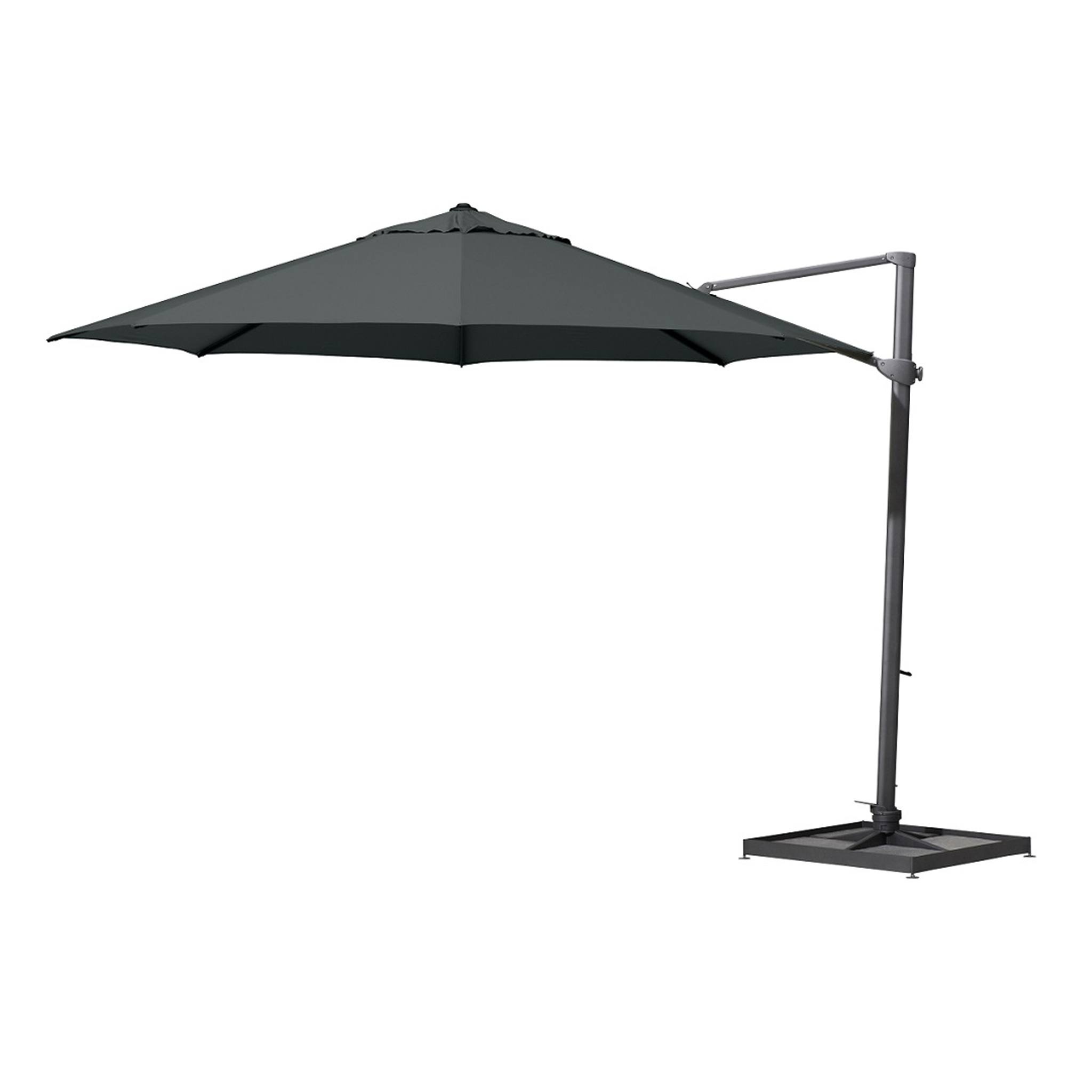 The Siesta 3.5m Round Cantilever Parasol in Charcoal features a UV-resistant canopy with a metal stand and base, offering 360-degree rotation for optimal shade.
