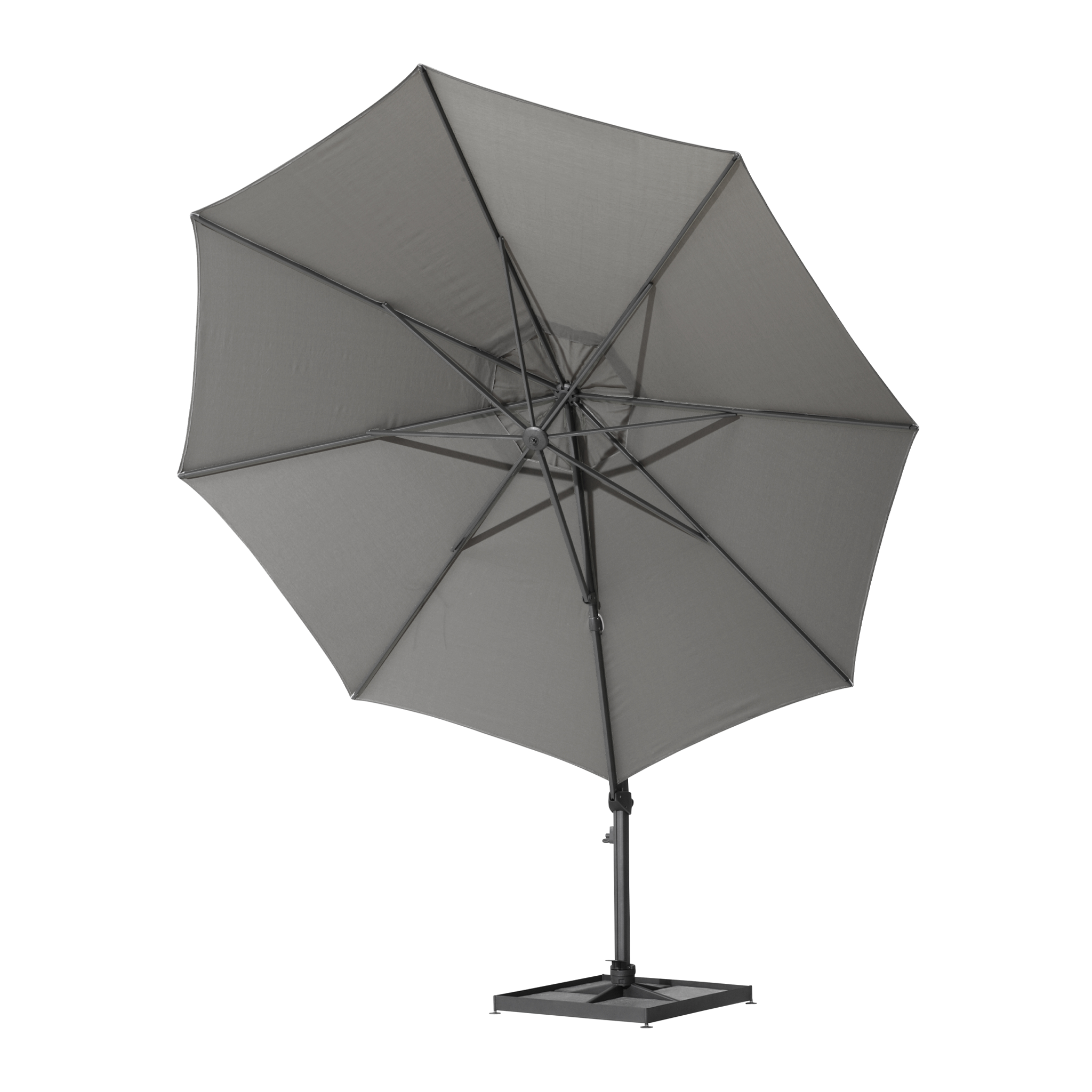 The Siesta 3.5m Round Cantilever Parasol in Charcoal is a large, gray outdoor umbrella featuring a sturdy base, metal frame, UV-resistant canopy, and full 360° rotation.