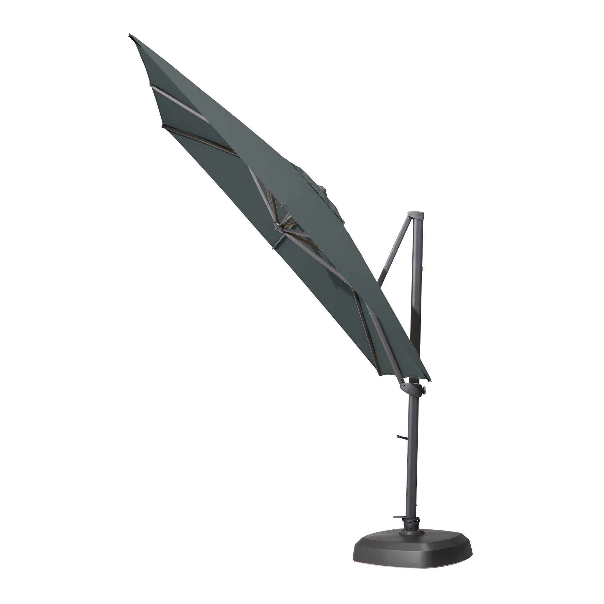 Introducing the Siesta parasol: a charcoal square cantilever patio umbrella with a UV-resistant canopy and a tilt and rotate feature for optimal shade.
