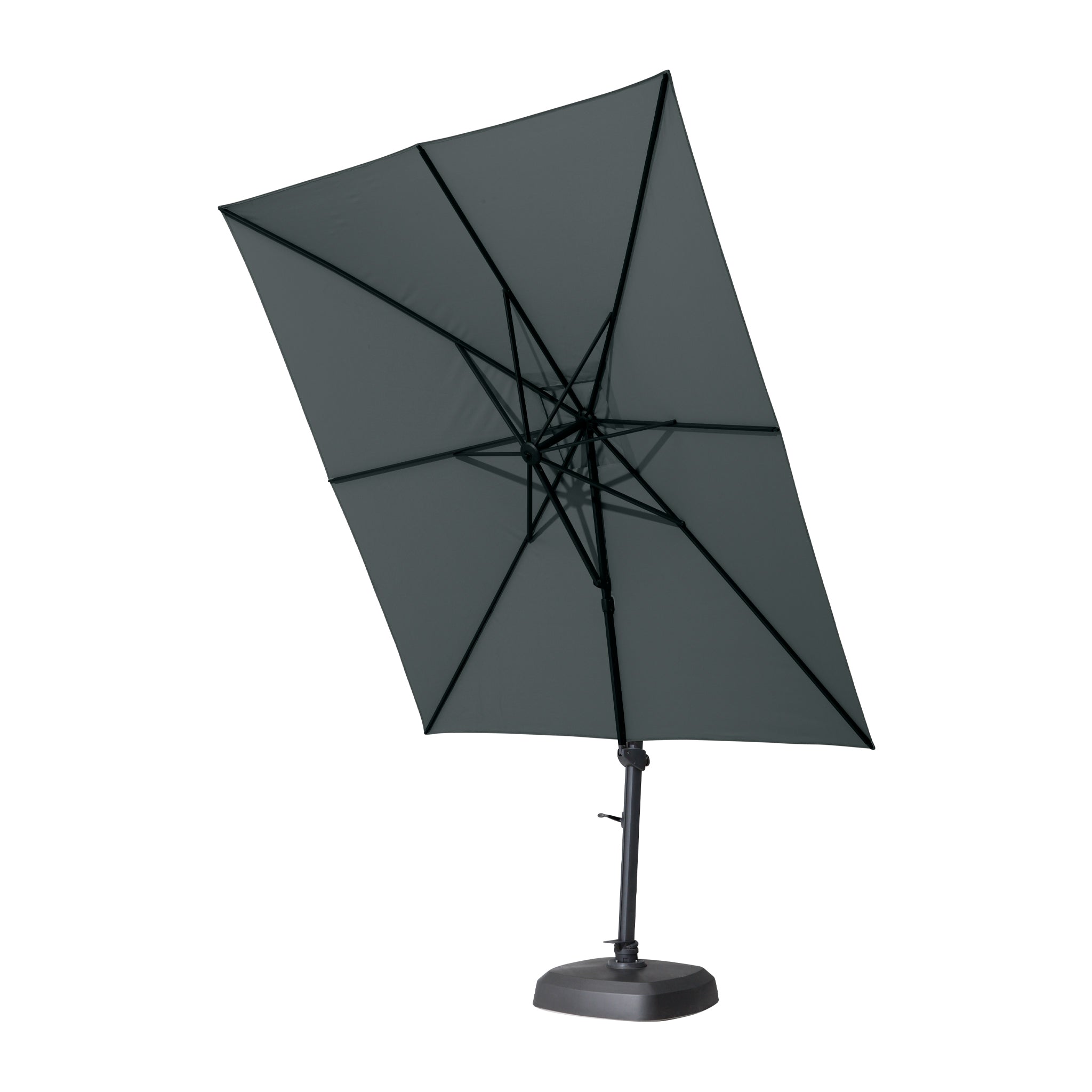 The Siesta 3m x 3m Square Cantilever Parasol in charcoal is a tilted patio umbrella with a sleek base and metal frame, featuring a UV-resistant canopy.