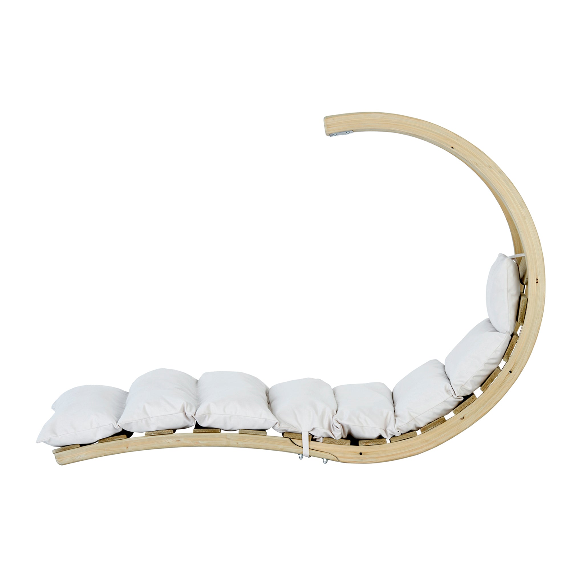 Swing Lounger in Creme featuring white water-repellent cushions and an elegant arch-shaped wooden design.