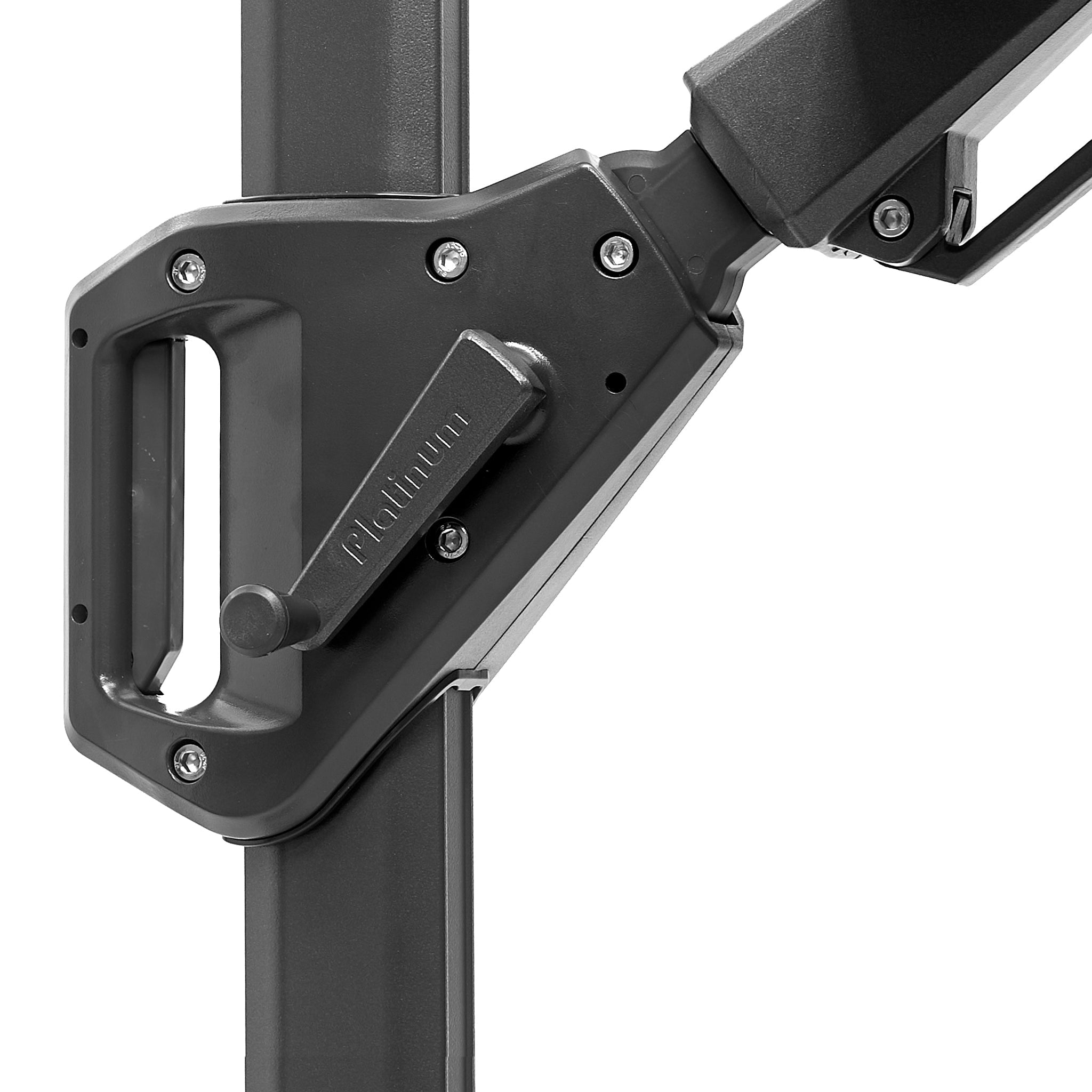 Close-up of an anthracite adjustable hinge with a handle, expertly mounted on a metal frame, echoing the precision found in Pacific Lifestyle's premium Voyager T1 3m Round Parasol design.