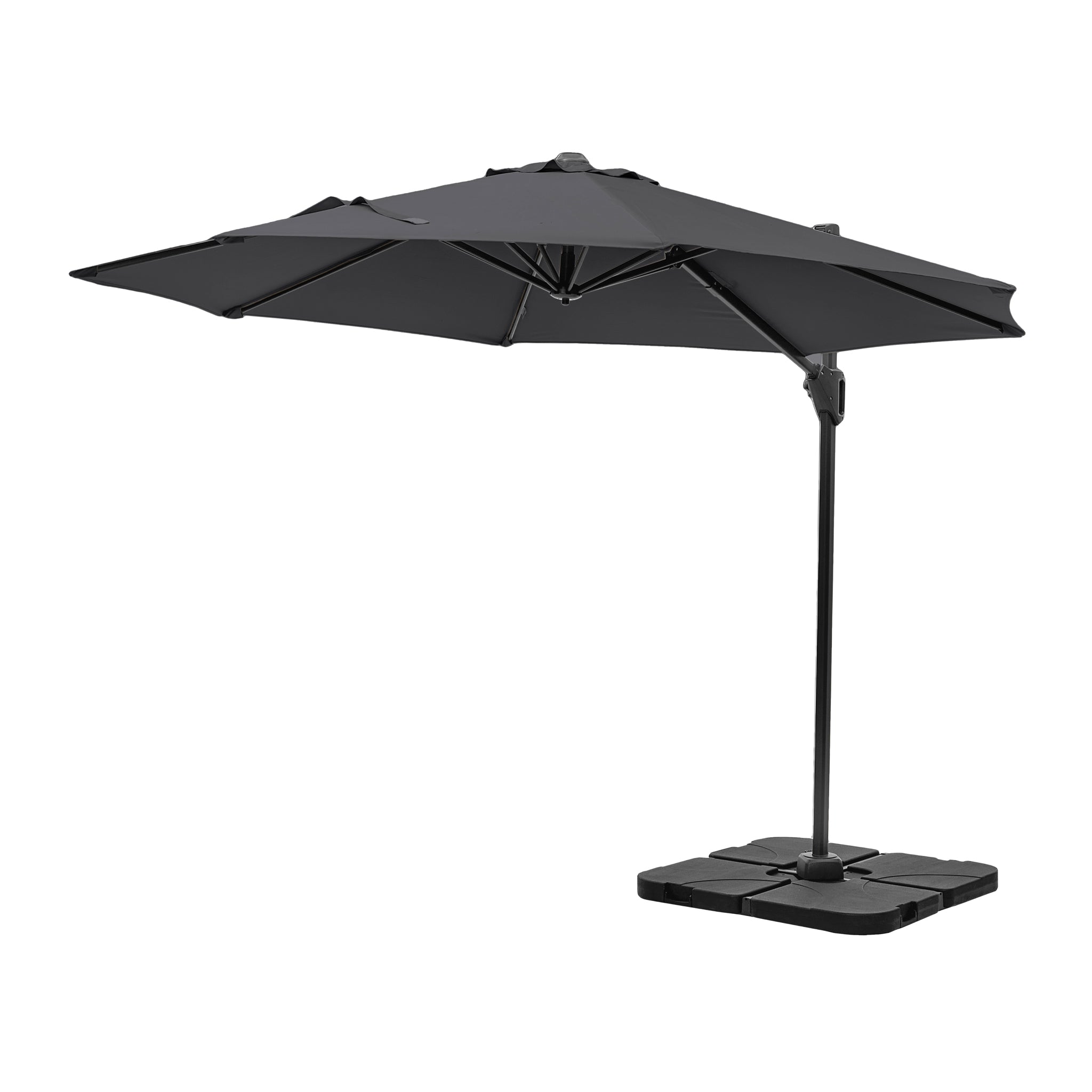 The Pacific Lifestyle - Voyager T1 3m Round Parasol in Anthracite includes a crank handle, adjustable pole, UPF35+ protection, and is designed for outdoor use with a square base.