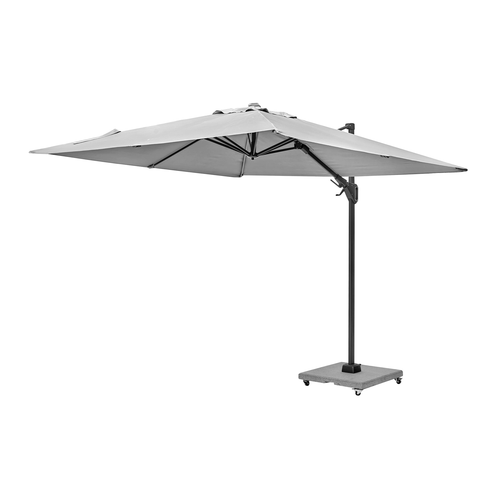 The Pacific Lifestyle Voyager T2 2.7m Square Parasol in Grey offers a spacious UPF35+ grey canopy on a robust black metal stand with a wheeled base for easy movement.