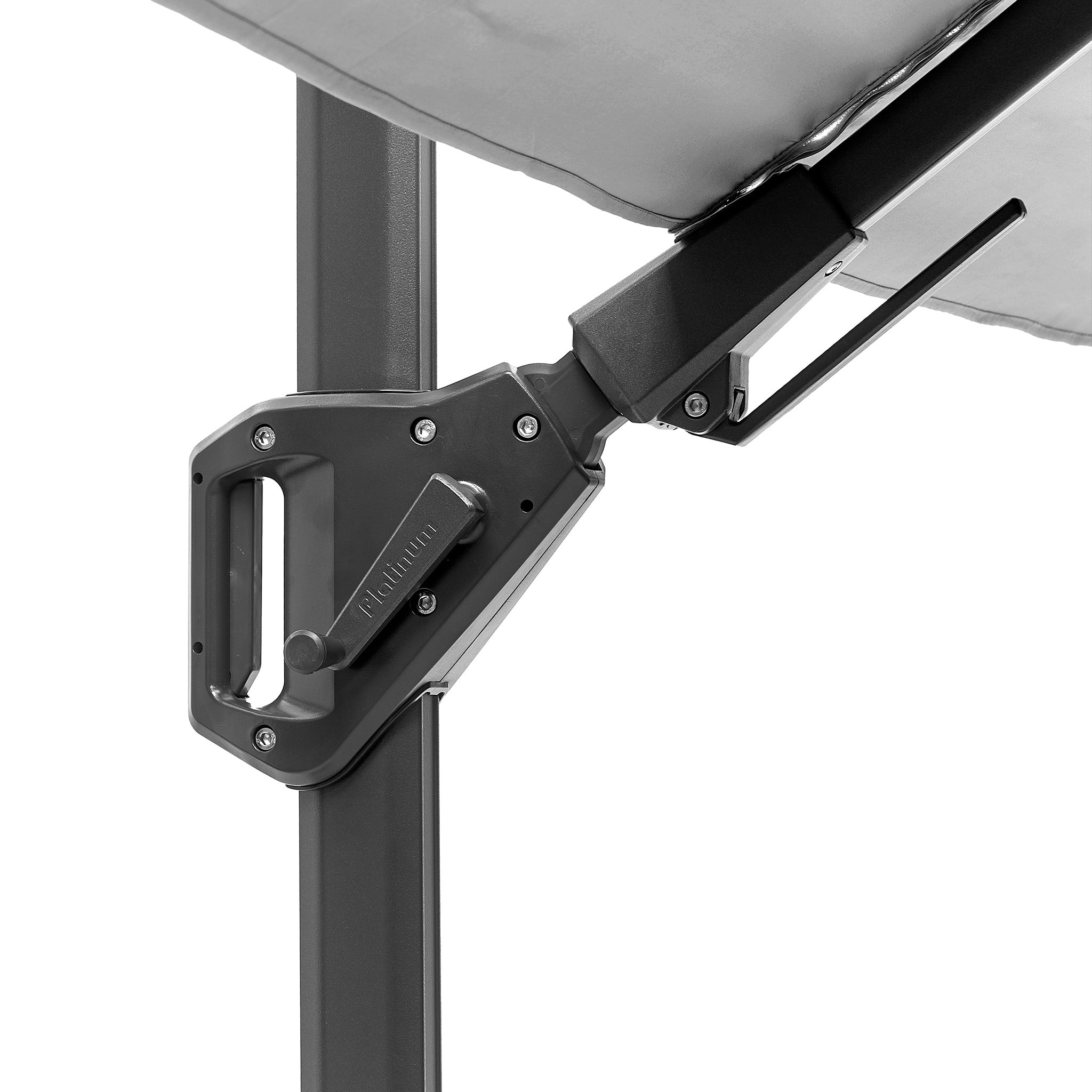 Close-up of the Pacific Lifestyle Voyager T2 2.7m Square Parasol in Grey crank mechanism on a metal pole, with a partially opened canopy offering UPF35+ protection.