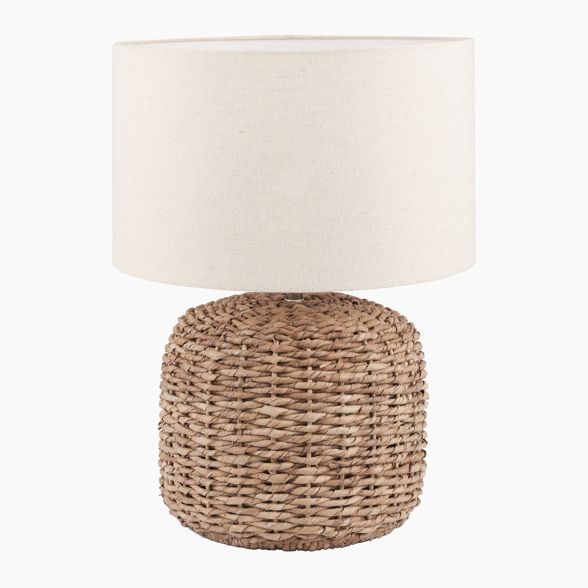 The Pacific Lifestyle Acer Natural Woven Small Table Lamp in Ivory combines a woven wicker design with an ivory textured jute shade, creating a charming rustic look.