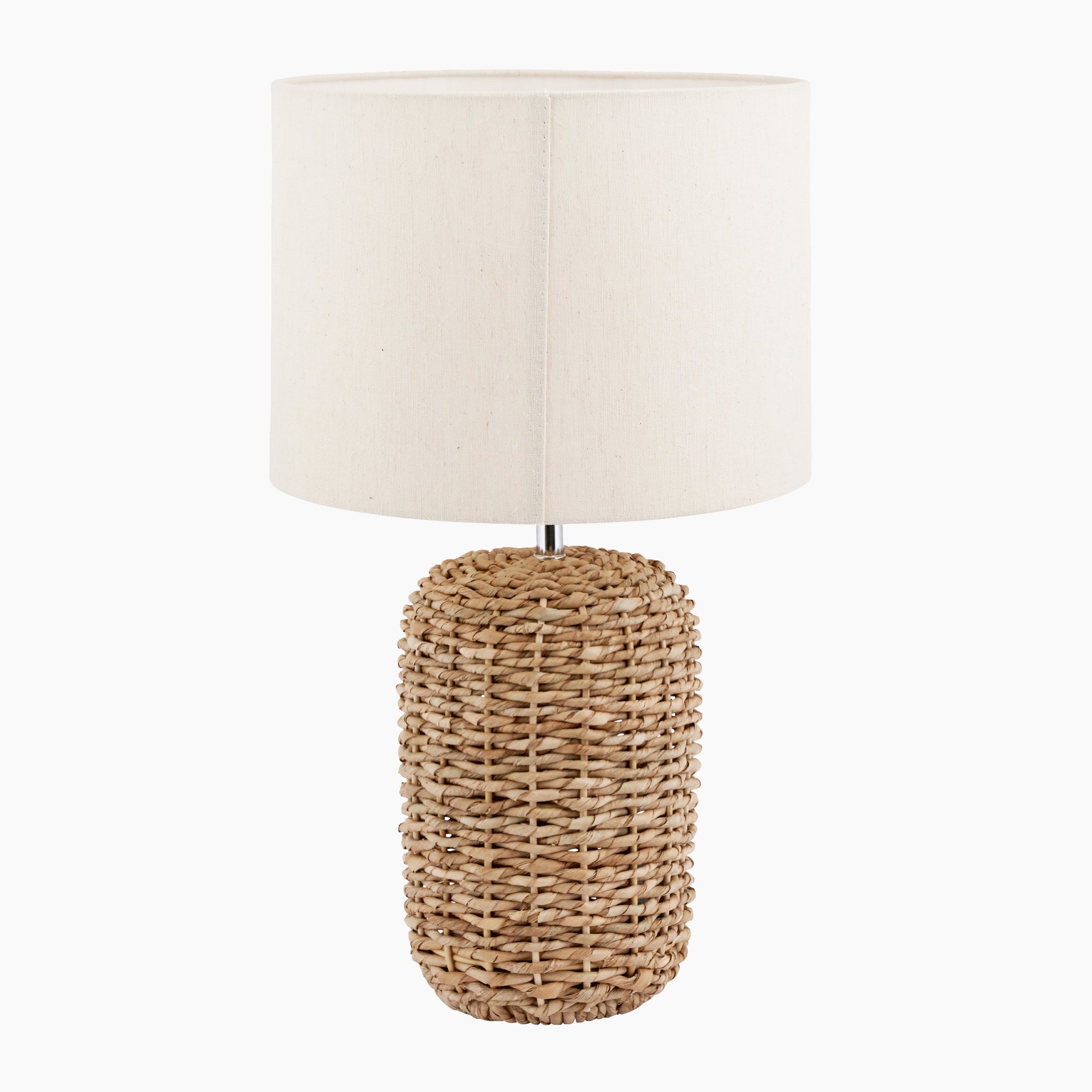 The Pacific Lifestyle - Acer Natural Woven Tall Table Lamp in Ivory features a wicker design with an ivory jute shade, set against a pristine white background.