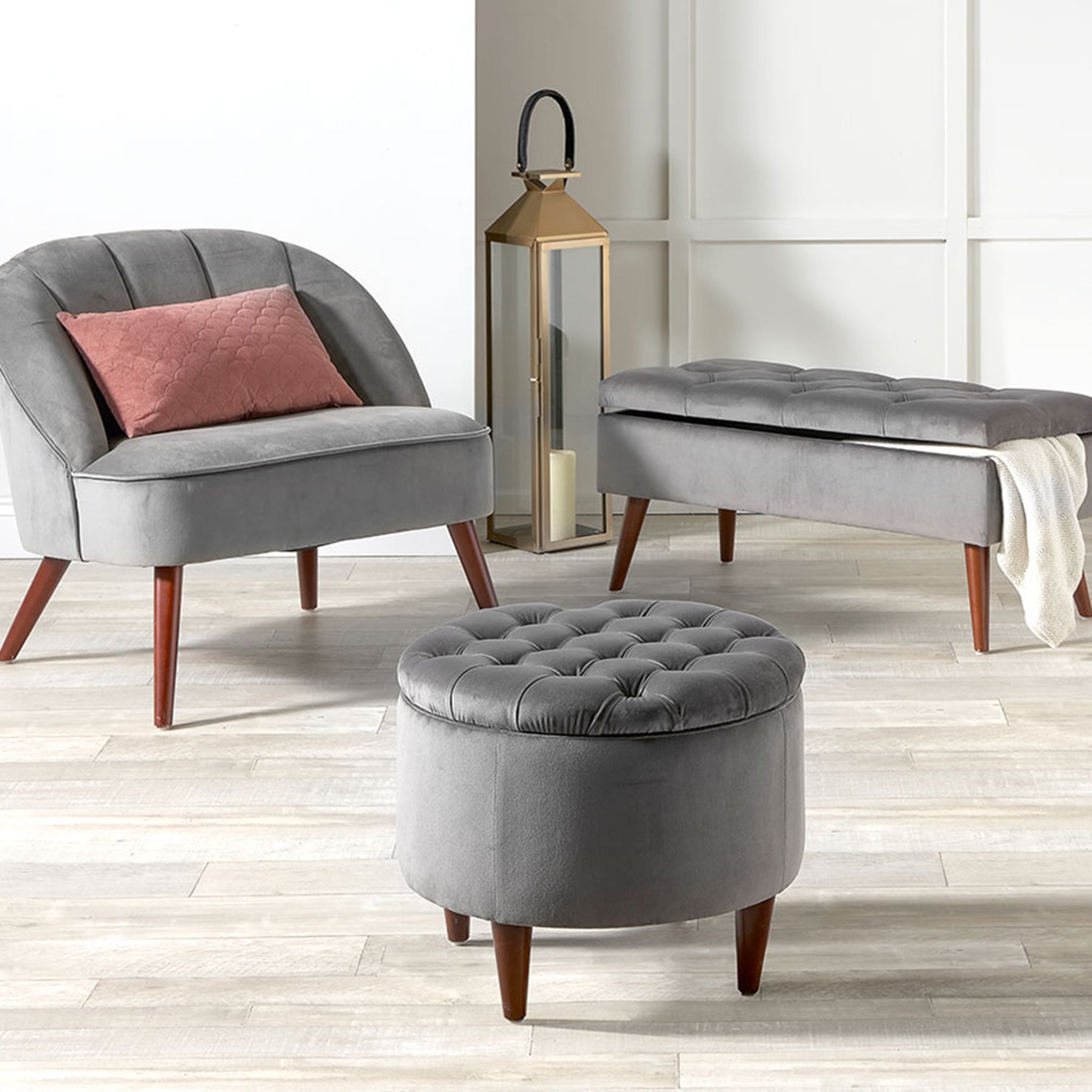 Alena Dove Grey Velvet Buttoned Pouffe with Storage