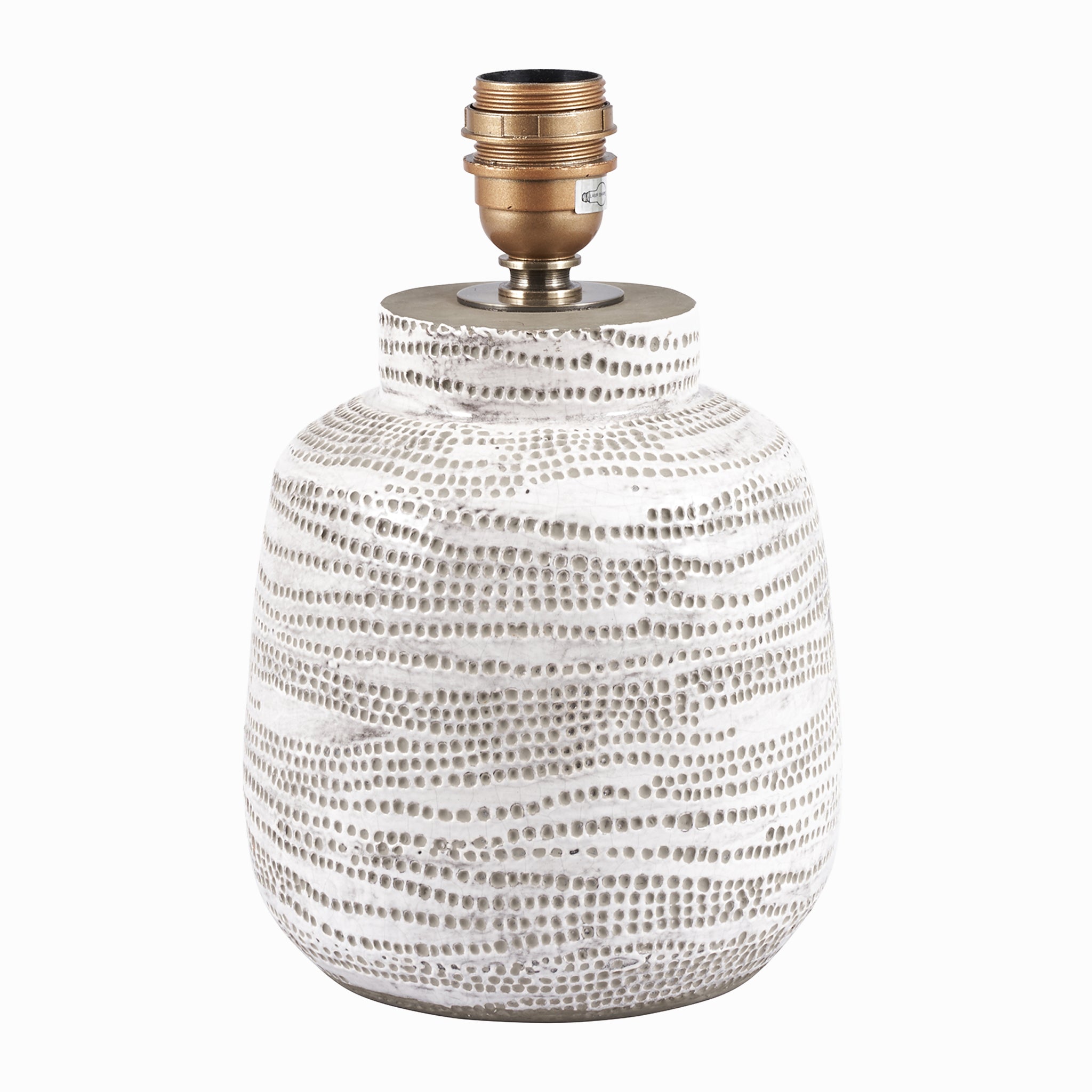 The Pacific Lifestyle - Alina Small Stoneware Table Lamp features a textured ceramic base with grey dots on white, accented by a brass fitting.