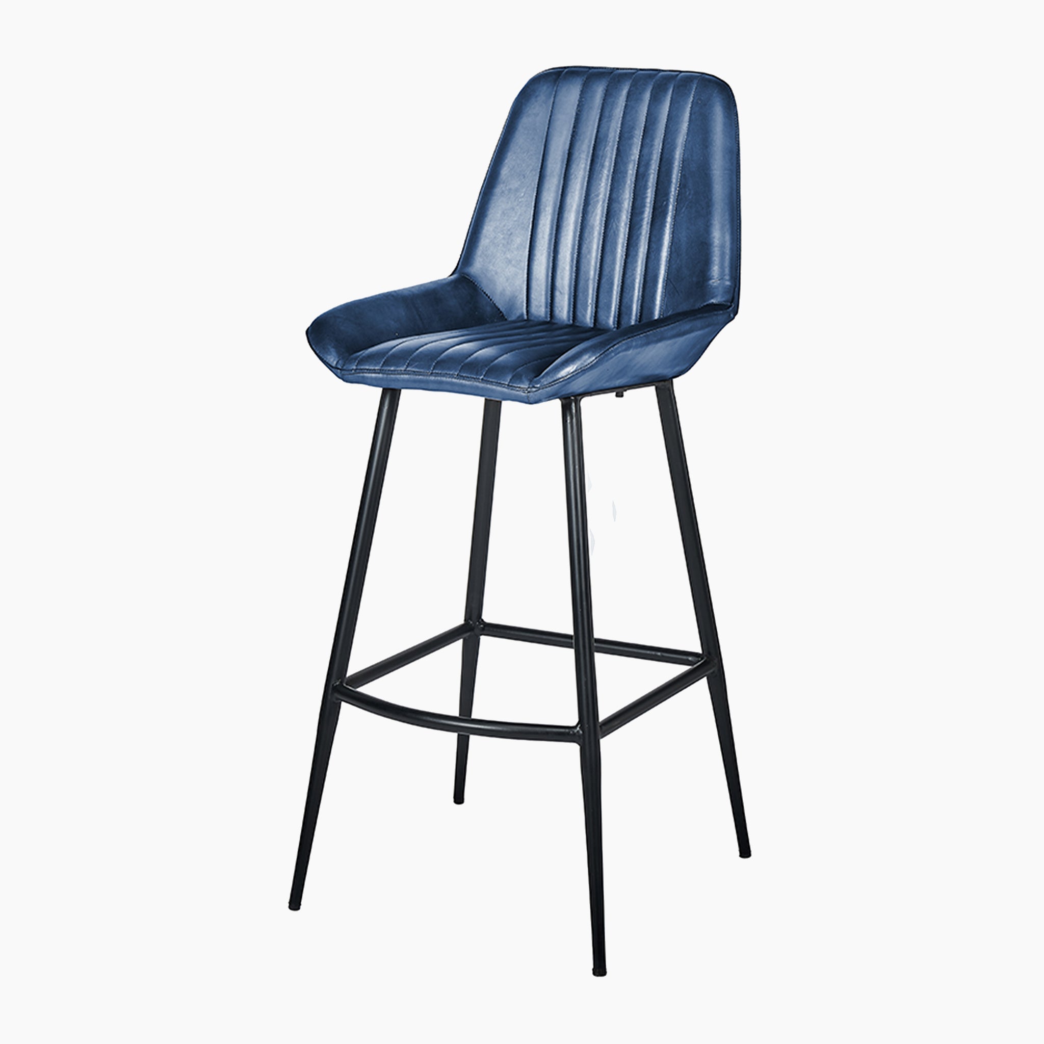 Angelo Leather and Iron Retro Bar Stool in Prussian Blue