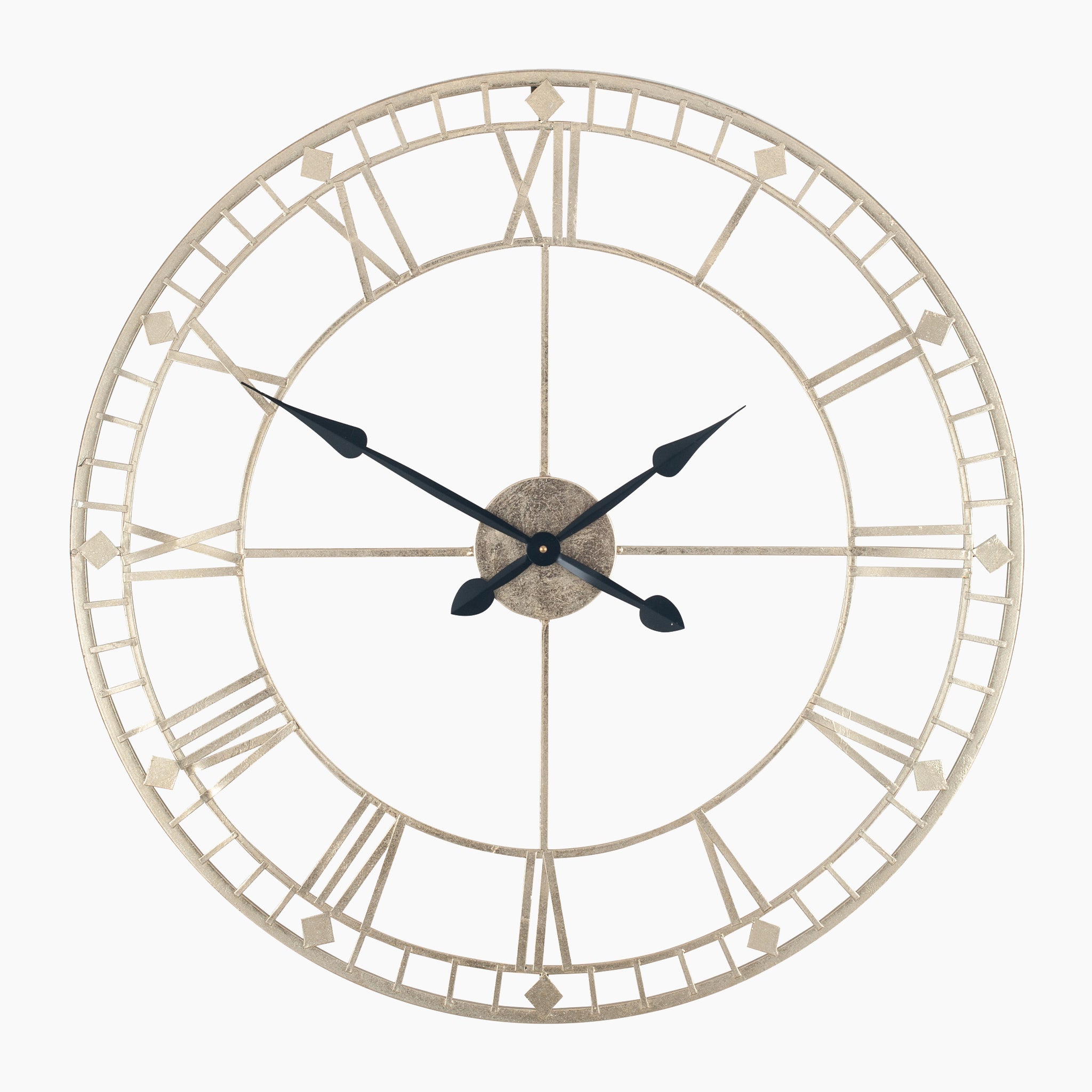 The large round wall clock by Pacific Lifestyle showcases antique gold accents with Roman numerals and black hands on a crisp white background.