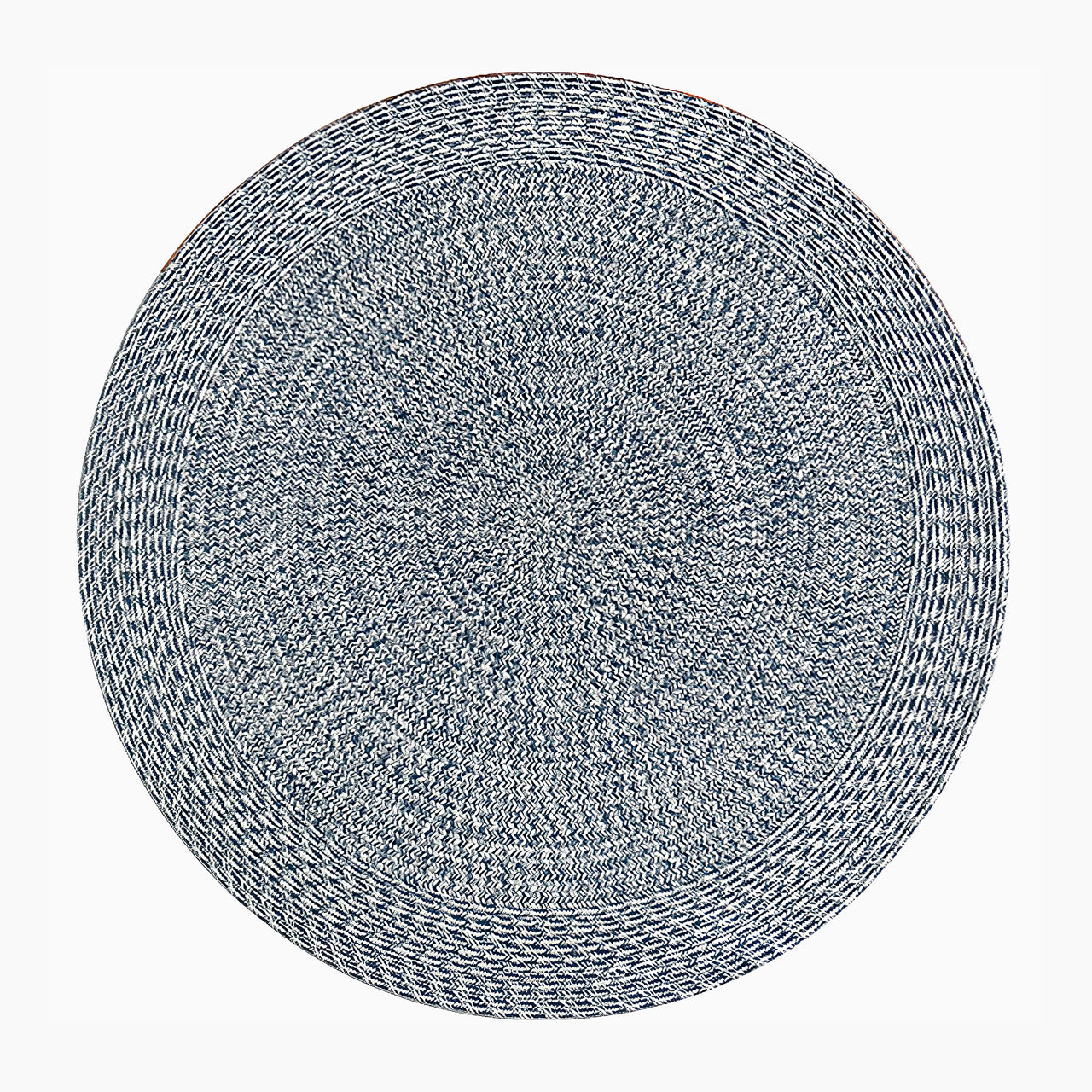 The Apollo 270cm Round Indoor and Outdoor Rug in Prussian Blue is a round woven rug featuring a blue and white braided pattern on a neutral Fog Grey background. Made from 100% polypropylene, it's both durable and stylish for any outdoor space.