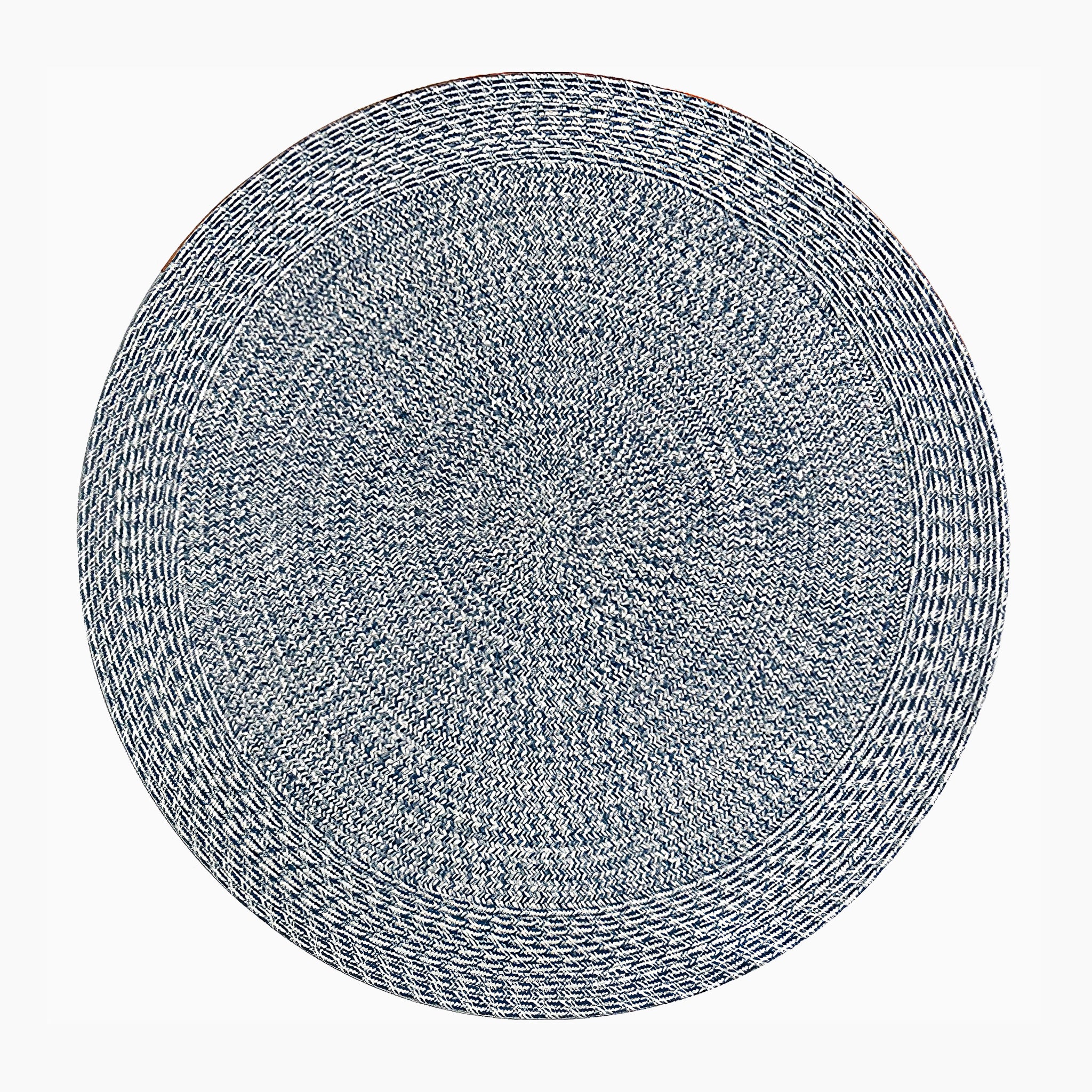 A round Prussian Blue Apollo 300cm indoor and outdoor rug with intricate, woven patterns on a white background, designed to be UV resistant and weatherproof.
