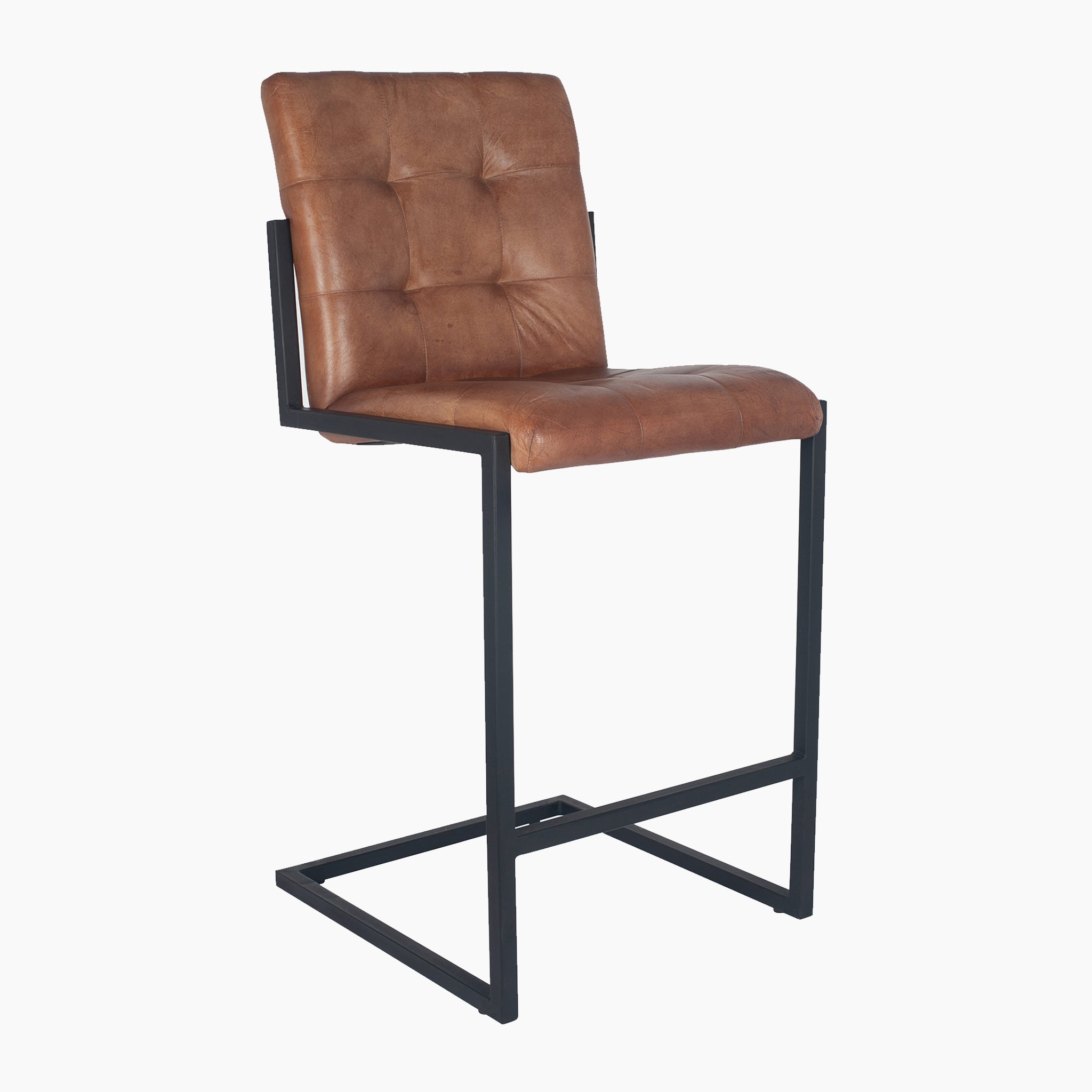Arlo Vintage Brown Leather & Iron Buttoned Bar Stool