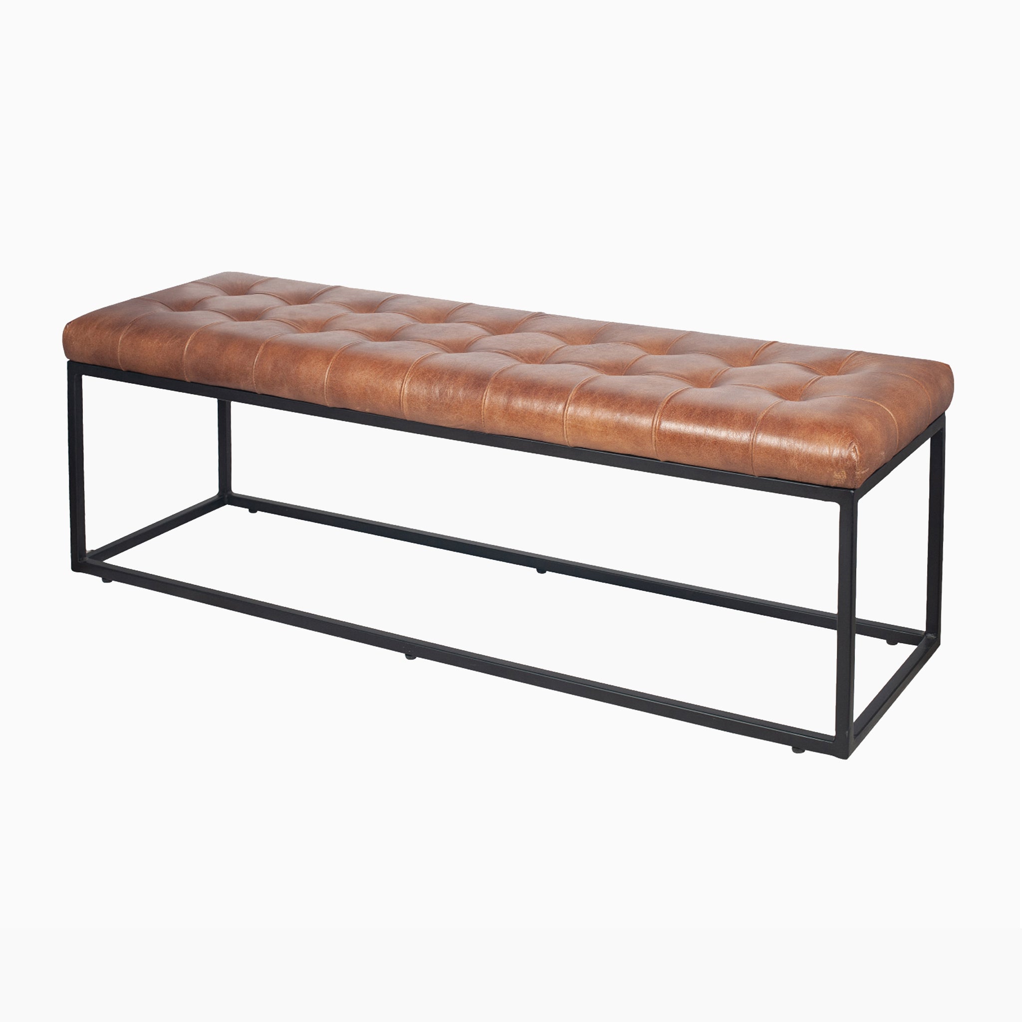 The Pacific Lifestyle - Arlo Vintage Brown Leather and Iron Buttoned Bench showcases a tufted design on a black iron frame, elegantly contrasting against a pristine white background.