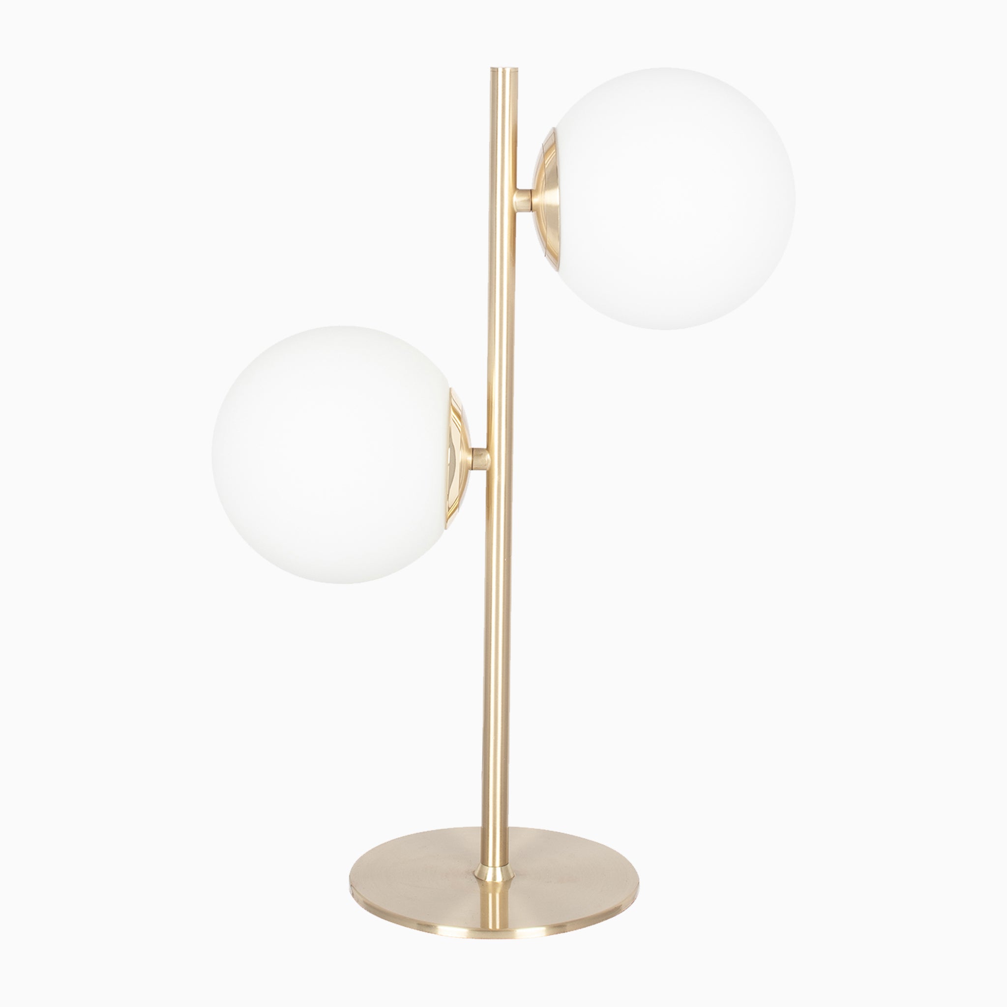 The Pacific Lifestyle - Asterope Table Lamp is a contemporary piece featuring a gold metal vertical pole adorned with two white orb glass balls.