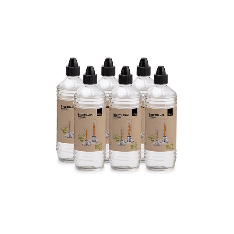 Six bottles of Höfats Bioethanol Gel for SPIN 90 & 120, featuring CO²-neutral fuel with black caps and beige labels adorned with a flame illustration.