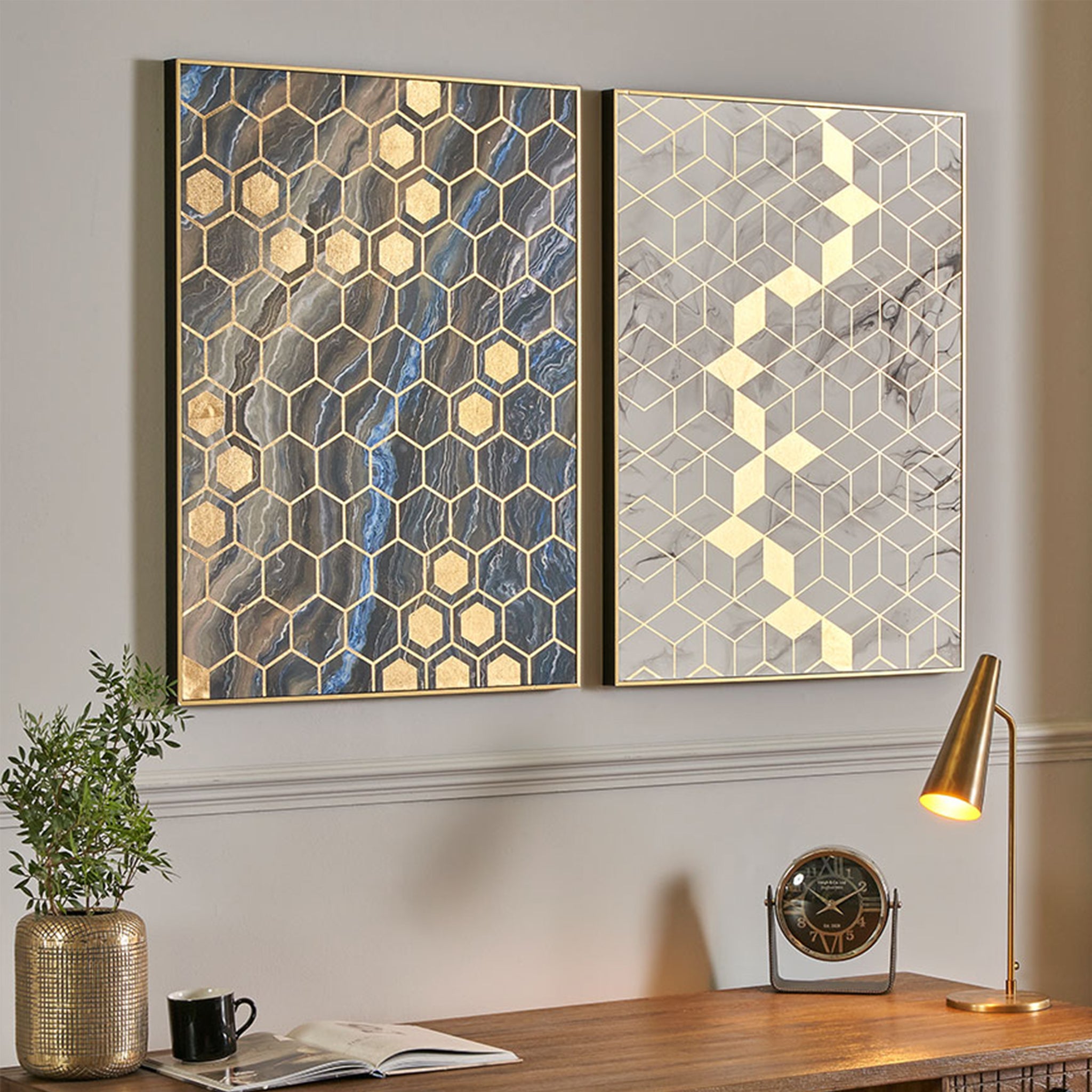White Marble Canvas With Gold Geo Pattern