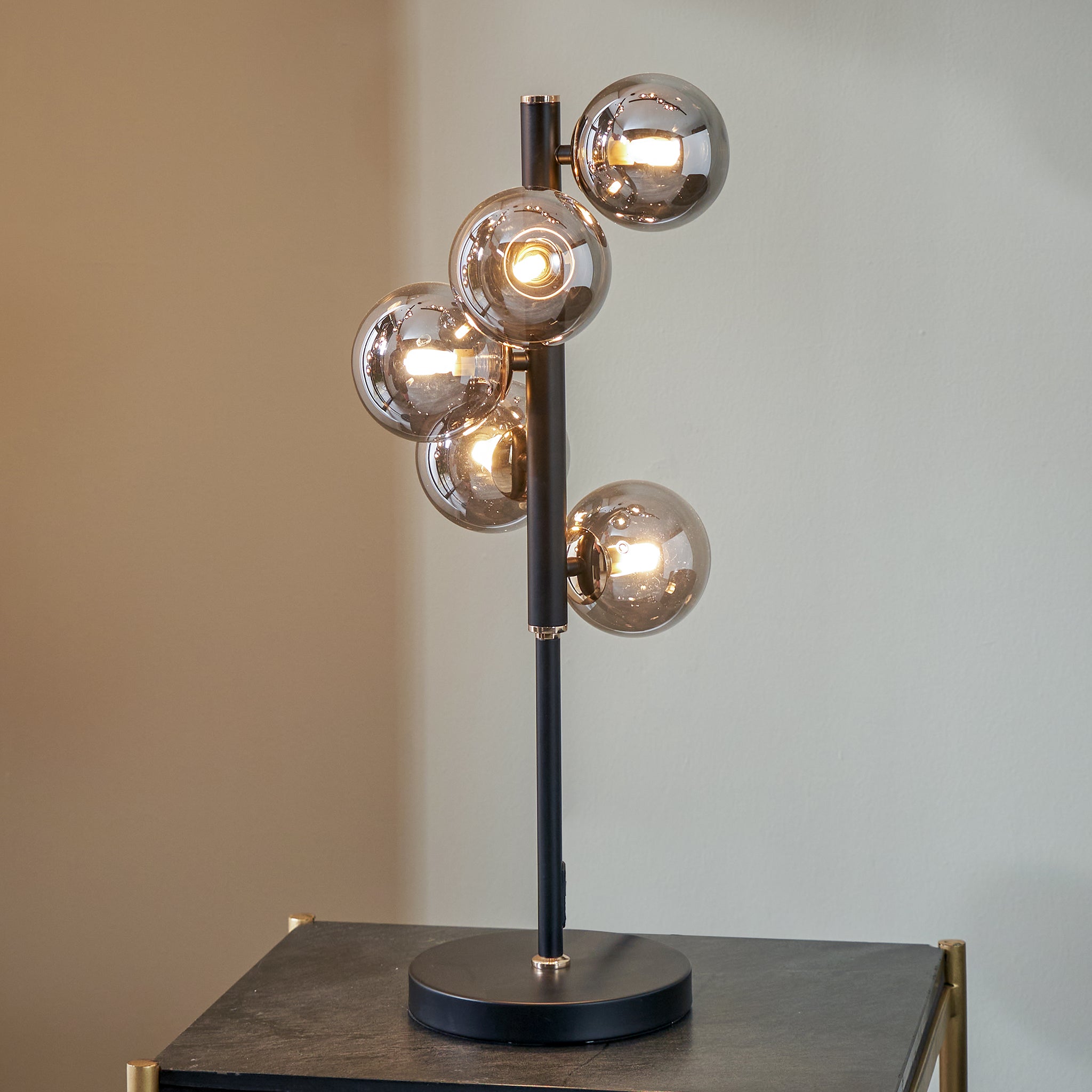 Blair Smoke Glass Ball and Black Metal Table Lamp