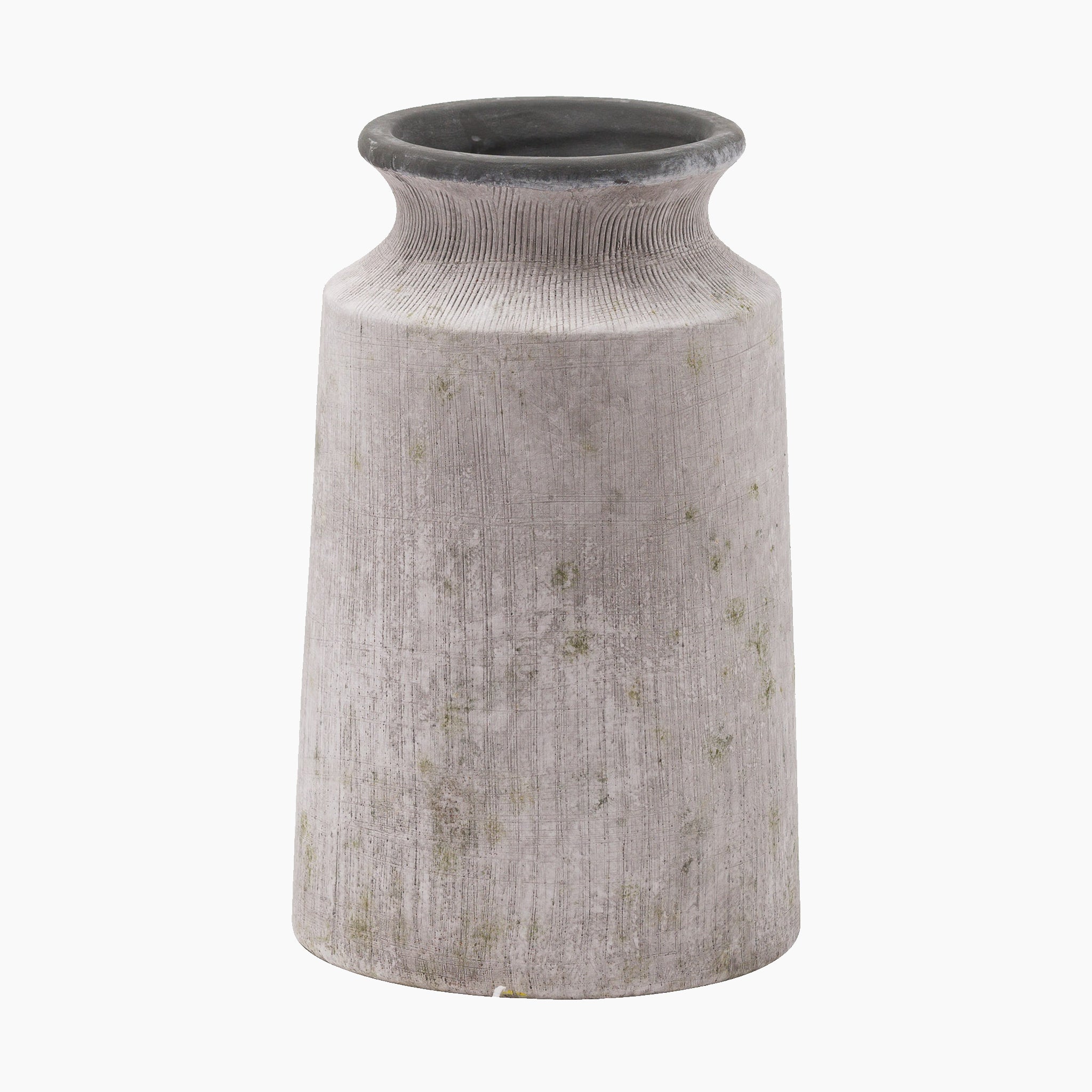 Introducing the Bloomville Stone Vase, a textured, cylindrical gray masterpiece featuring a slightly flared black rim and a natural stone finish, ideal for elevating your home décor against a white background.