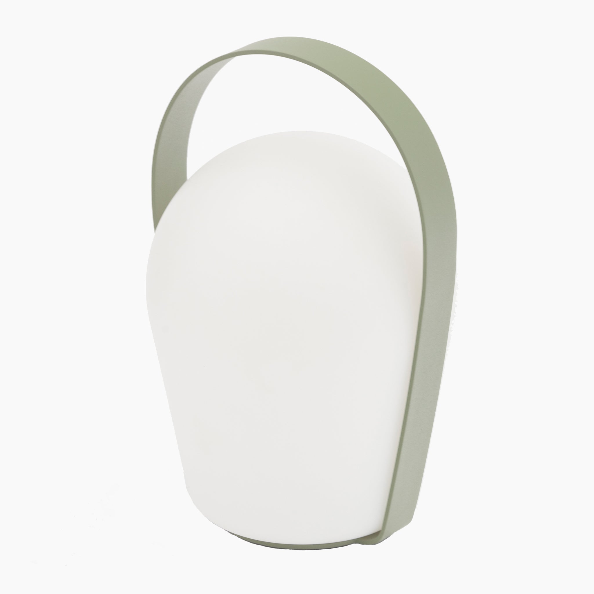 The Bob Large Table Light in Sage Green is a white, egg-shaped lantern featuring a light green handle and base, perfect as a weather-resistant garden lamp.