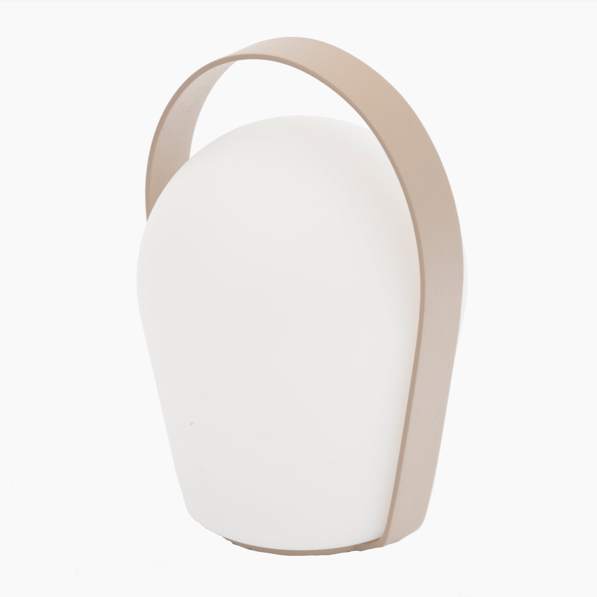 A modern, oval-shaped Bob Small Table Light in Sand (3 Pack), resembling a lantern with a beige handle and featuring a weather-resistant design.