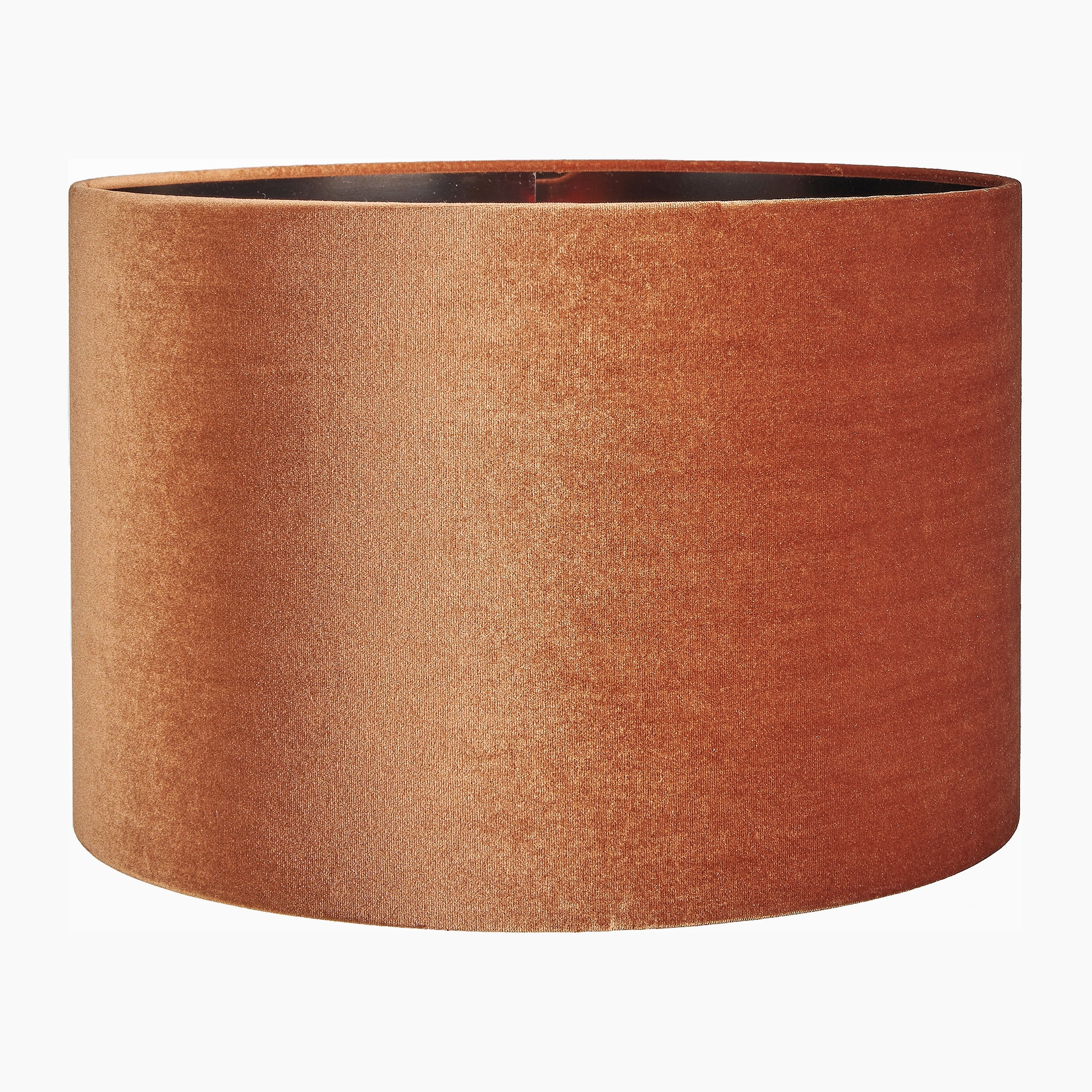 Pacific Lifestyle's Bow 40cm lampshade features a fiery tobacco color on velvety brown fabric, shaped in a cylindrical design.