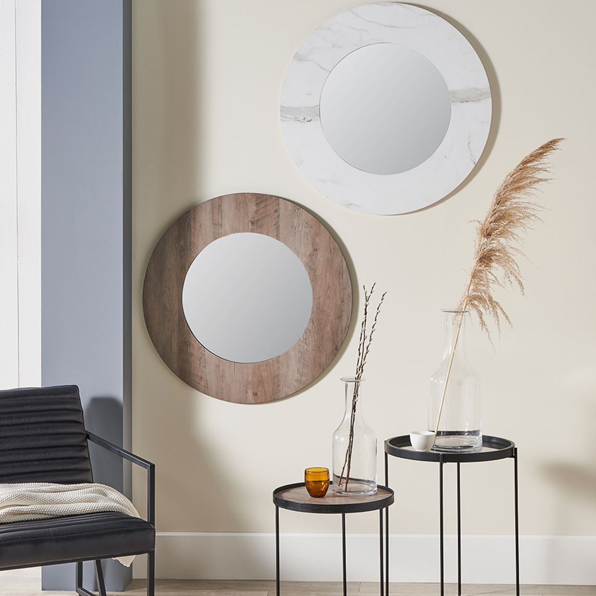 Wood Veneer Round Wall Mirror in Brown