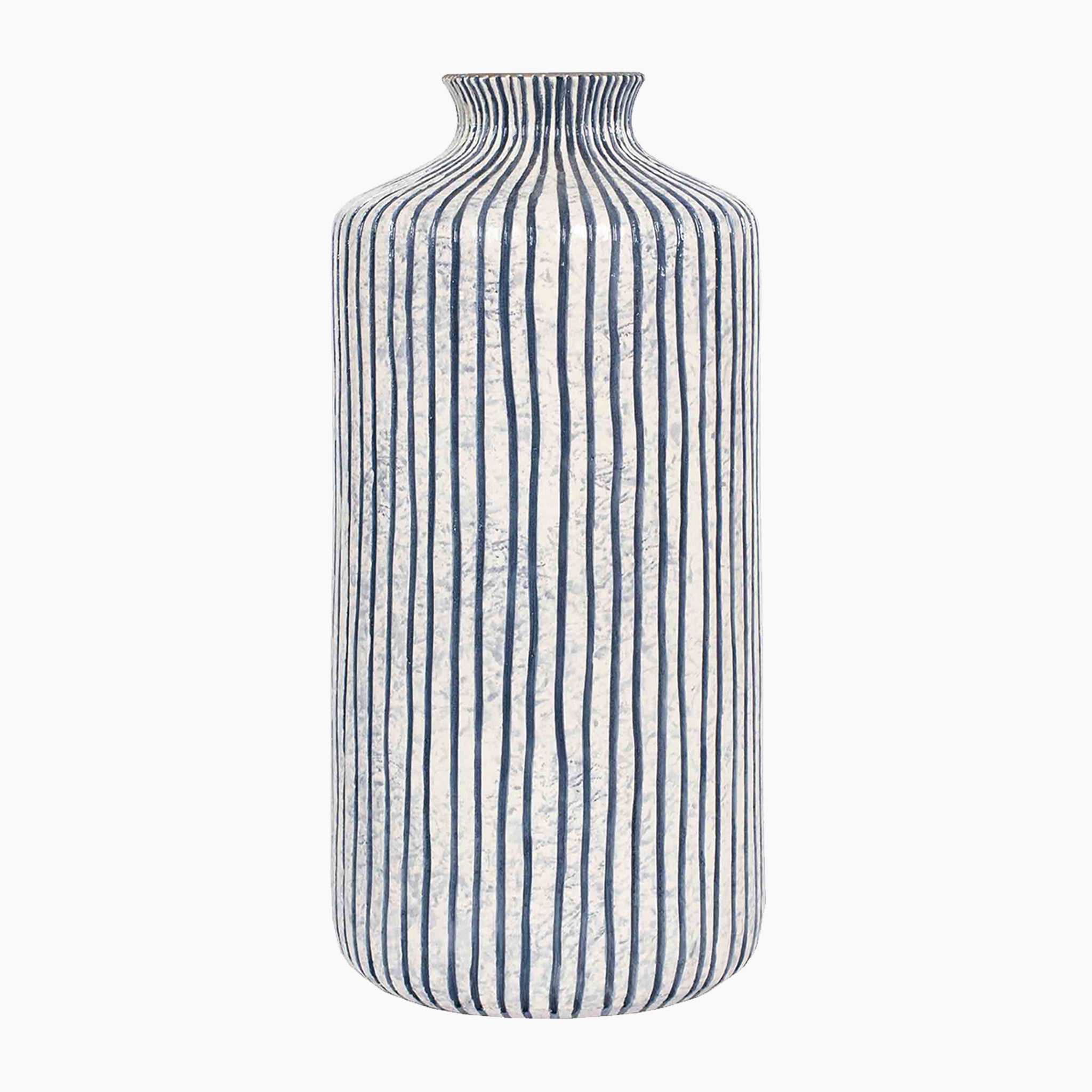 The Pacific Lifestyle - Bude Stoneware Vase boasts vertical blue and white stripes on a clean white background, adding elegance to any space.