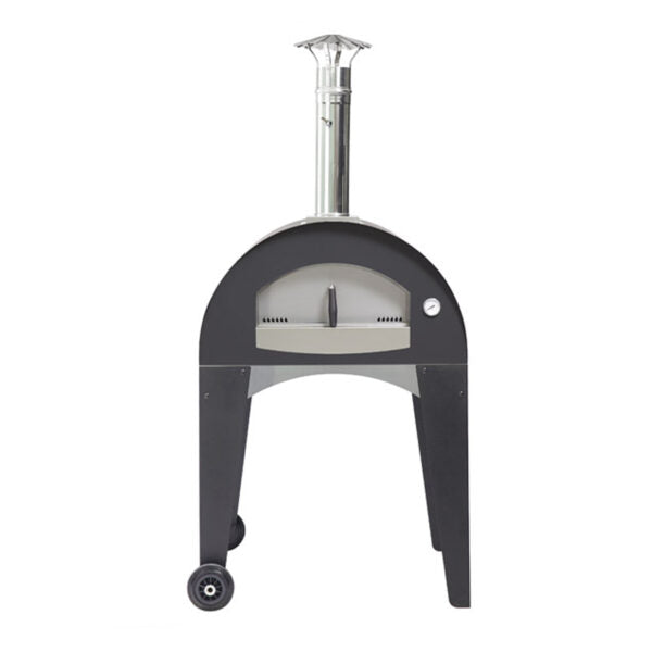 The Fontana Capri Wood Pizza Oven boasts a striking black and silver design, complemented by a spacious cooking chamber and chimney. Built-in wheels make it easily portable, while the refractory chamotte ensures excellent heat retention for impeccable outdoor pizza baking.