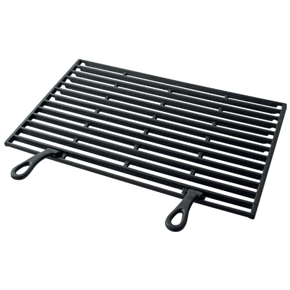 The Buschbeck Cast Iron Cooking Grid boasts a reversible design with a black cast iron grate featuring parallel bars and two handles on one side.
