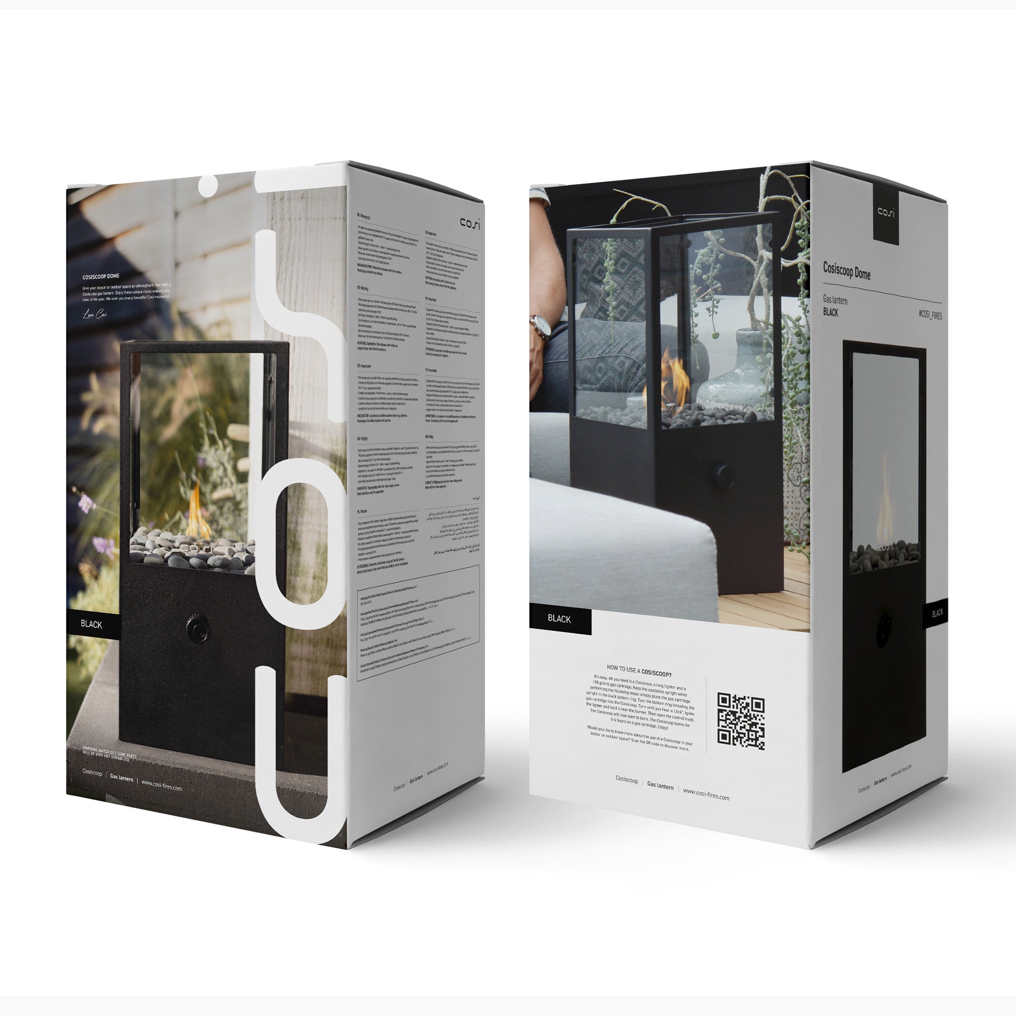 Two boxes display images and text of the Cosi - Cosidome High Black Fire Lantern, a glass-encased outdoor fire pit on a patio with a minimalistic, stylish lantern design.