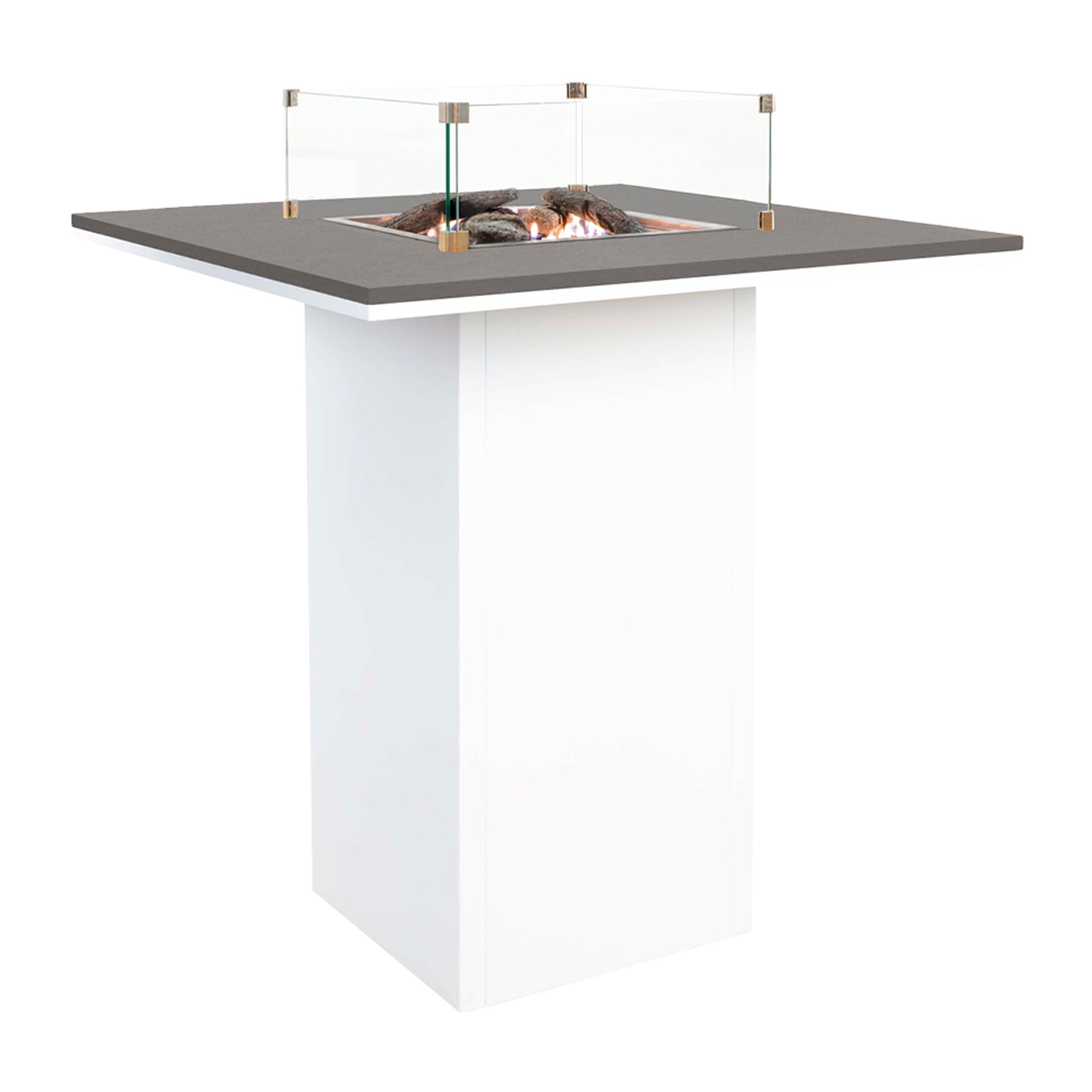 The Cosi - Cosiloft 100 White And Grey Firepit Bar Table is a modern square fire pit with a glass enclosure, a white pedestal stand, and an elegant teak wood top.
