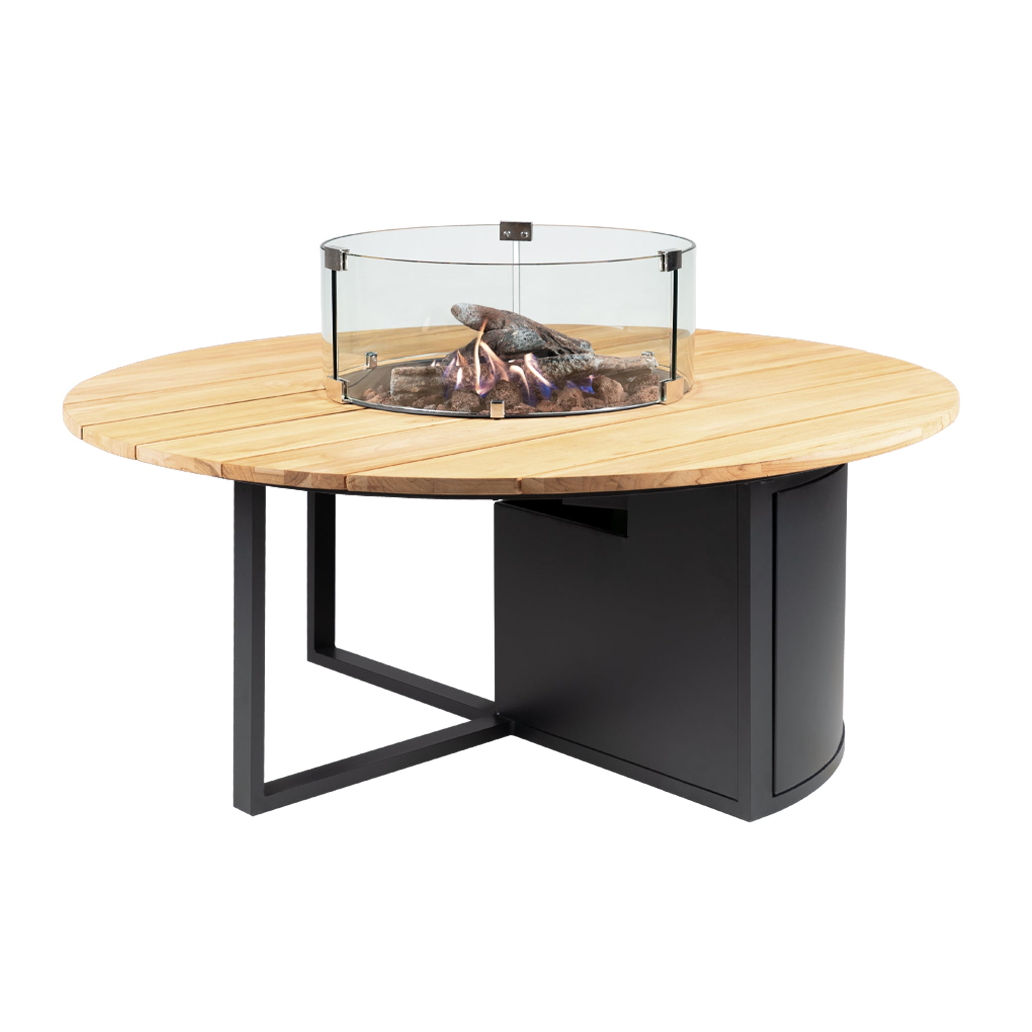 The Cosi - Cosiloft 120 Black and Teak Round Fire Pit is a stylish round table with a sleek black metal base, a central glass-enclosed fire pit with decorative logs, and a teak wood top.