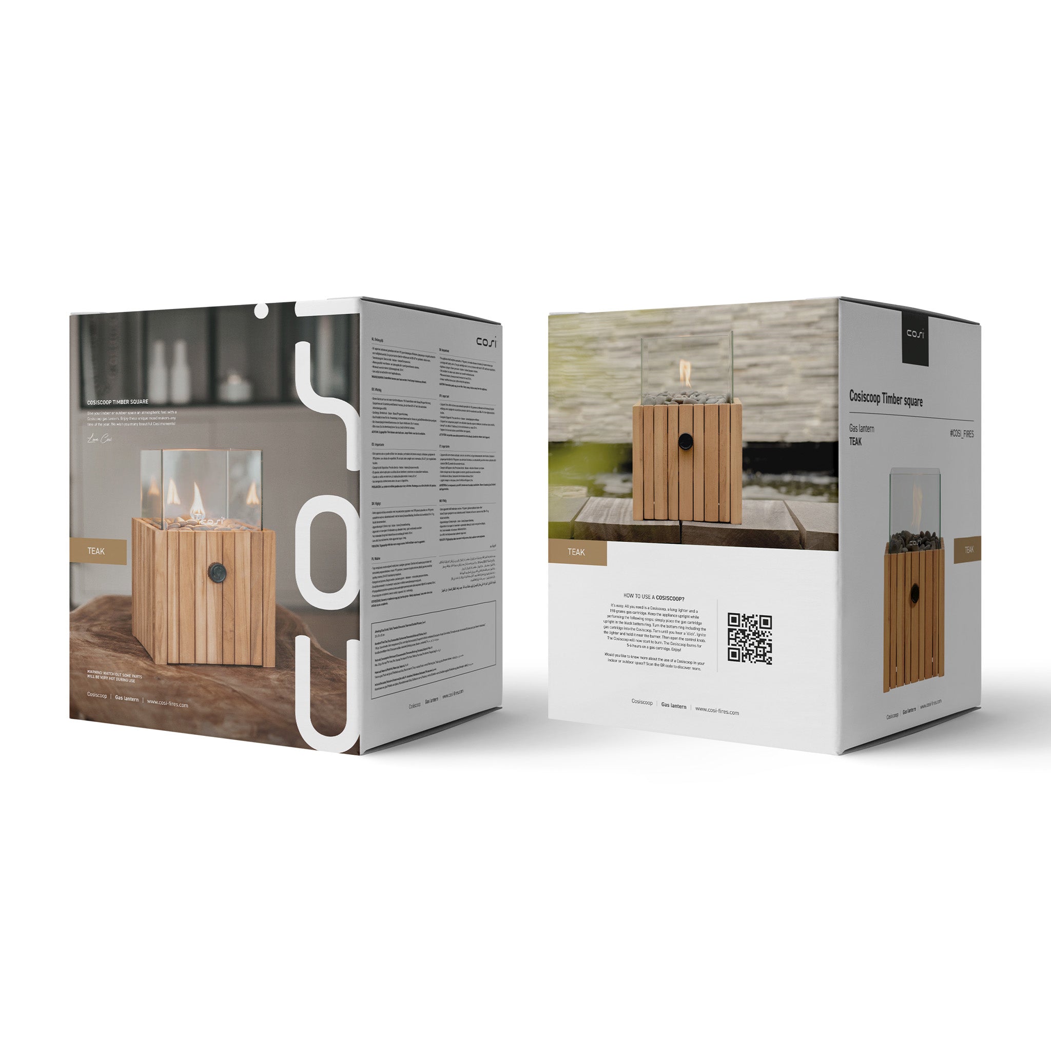 Two boxes display the Cosi - Cosiscoop Timber Square Fire Lantern, a wooden gas fire pit with top glass panels. Against a neutral backdrop, this versatile lantern offers a warm and stylish ambiance perfect for any setting.