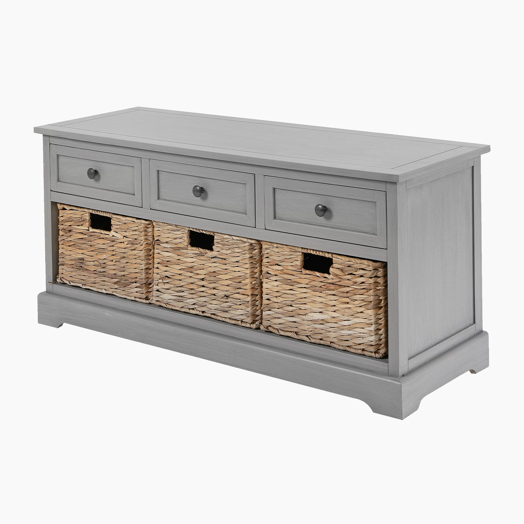 Check out the Pacific Lifestyle - Devonshire Grey Wood 3 Drawer 3 Basket Unit, a stylish storage solution with three upper drawers and three woven wicker baskets, combining elegance and functionality for your home.