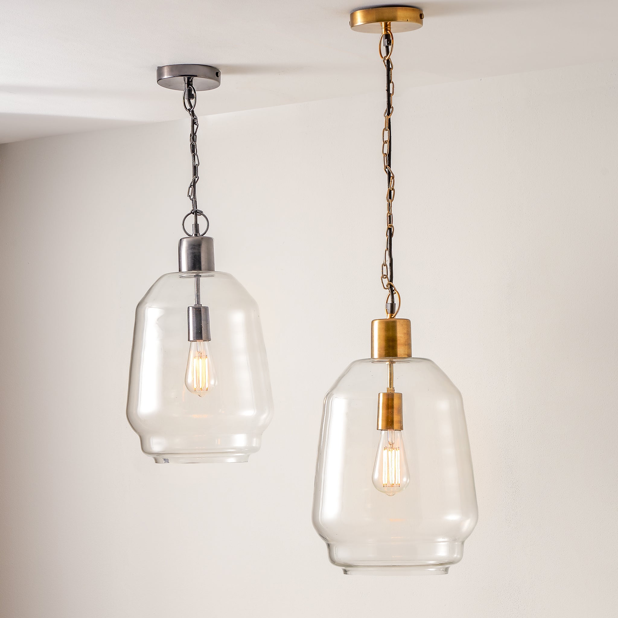 Fia Clear Glass & Antique Brass Chain Drop Pendant