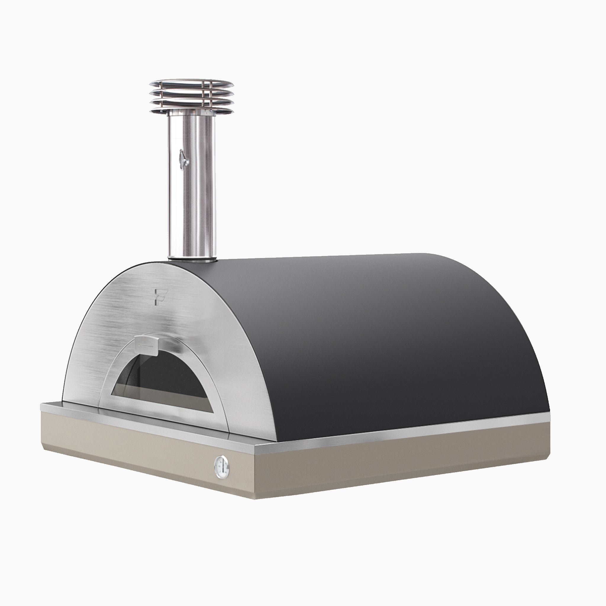 The sleek black and silver Fontana Bellagio Built-in Pizza Oven with a chimney stands elegantly against a plain white background, perfect for enhancing your pizza cooking skills while enjoying authentic Italian cuisine.