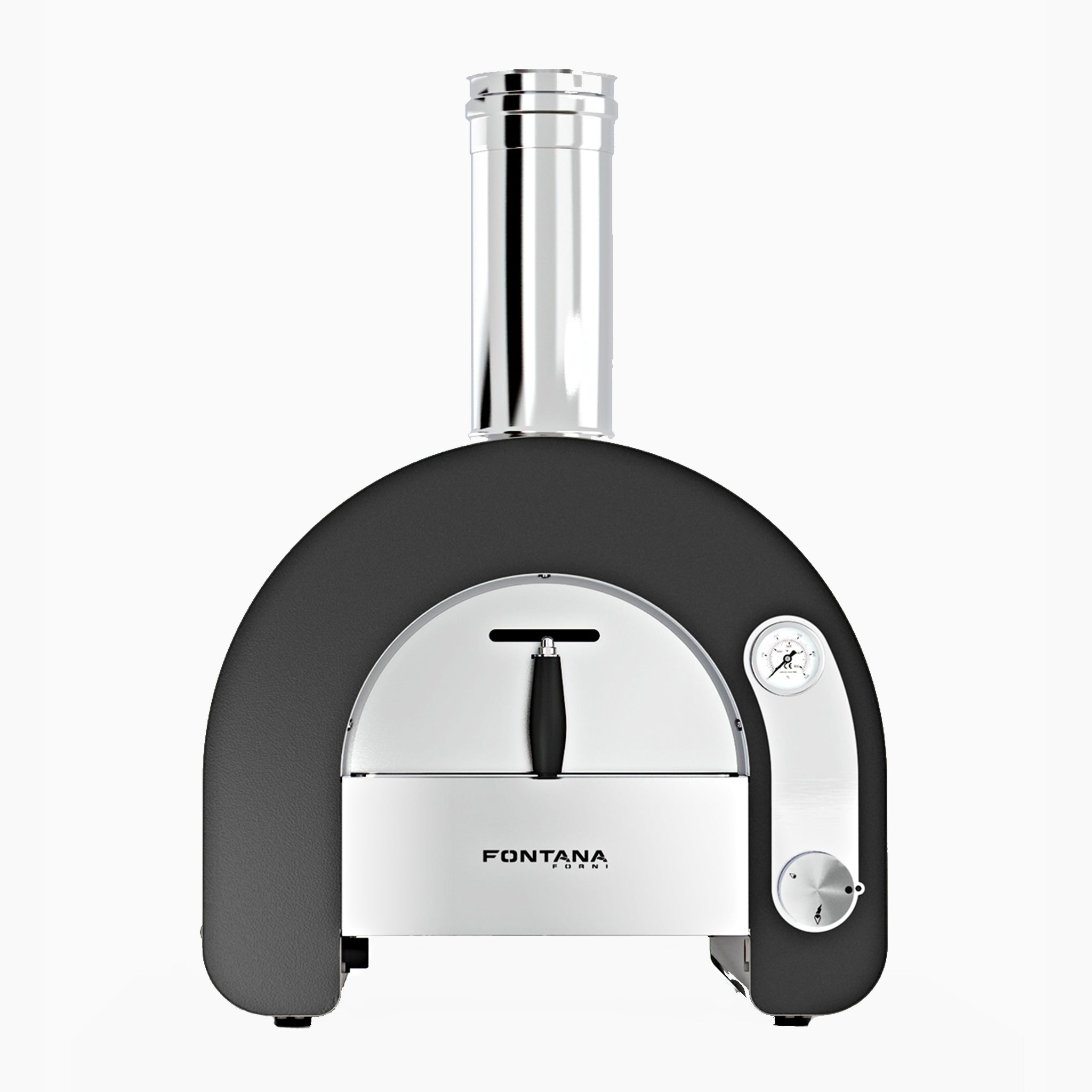 A sleek Fontana Maestro 40 Gas Pizza Oven in black and silver, featuring a prominent chimney, temperature gauge, and efficient air circulation, set against a white background.