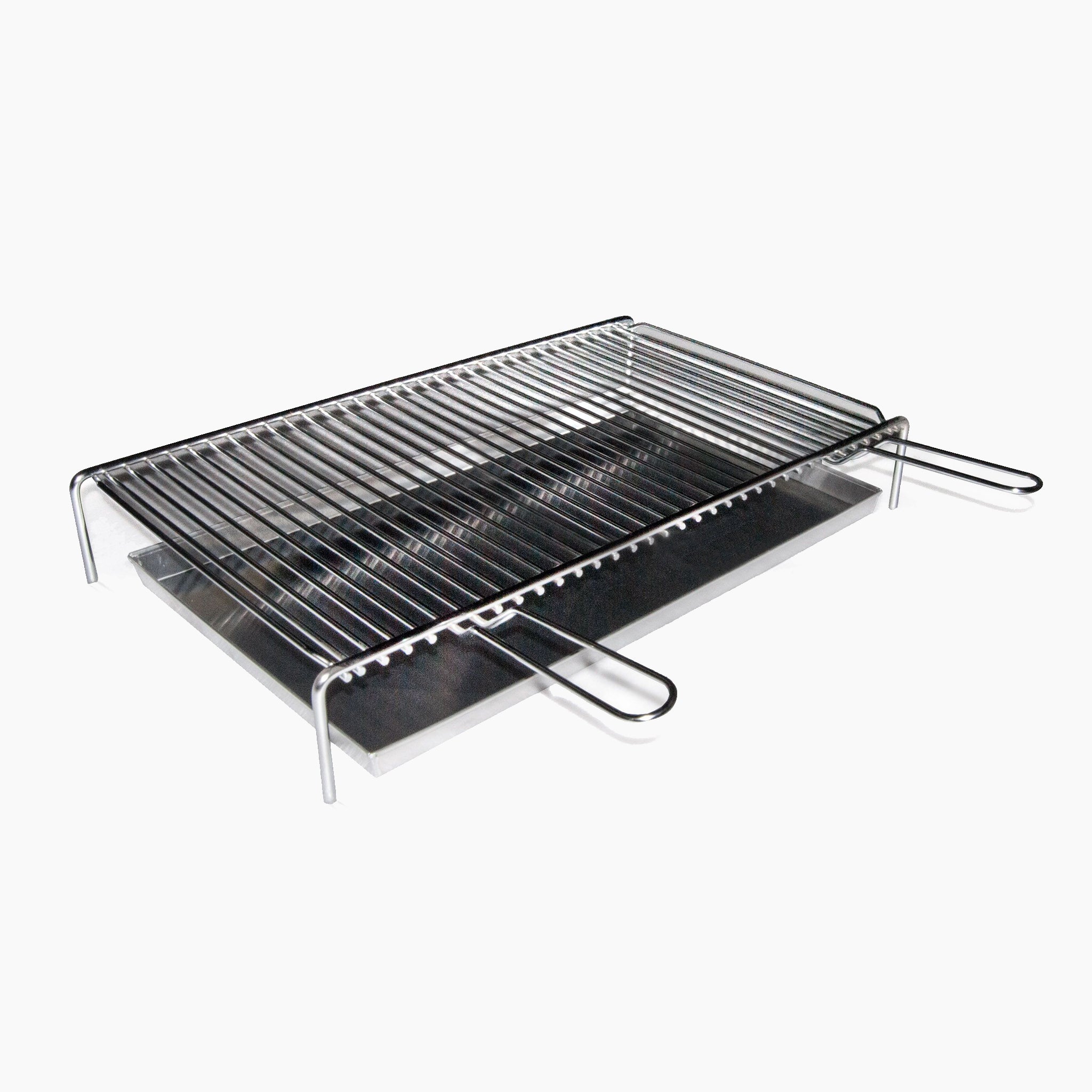 A stainless steel cooking grid with handles, placed above a drip tray, on a white background. This versatile Fontana Oven Grilling & Roasting Set is perfect for wood-fired barbecues.