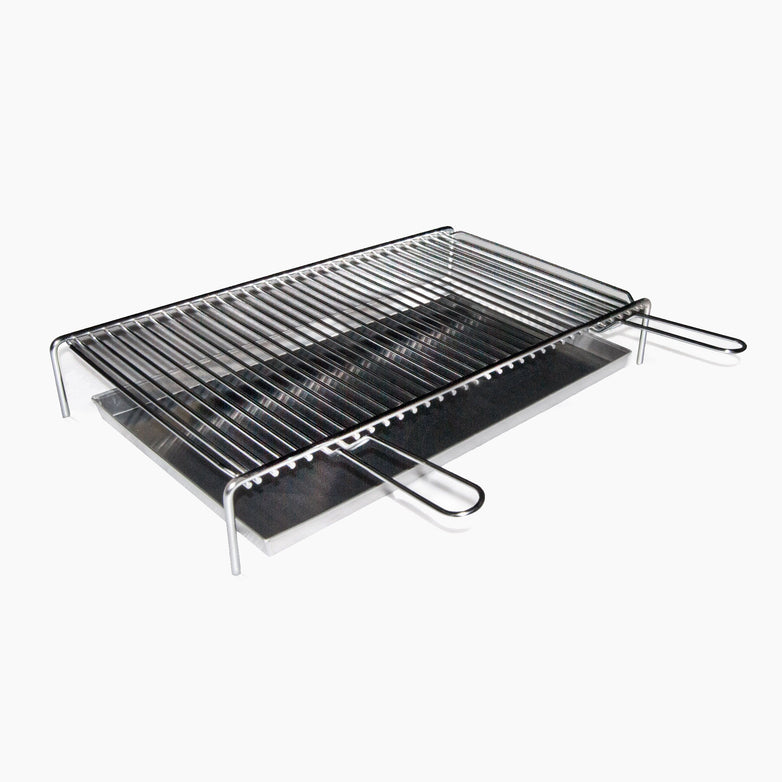 A stainless steel cooking grid with handles, placed above a drip tray, on a white background. This versatile Fontana Oven Grilling & Roasting Set is perfect for wood-fired barbecues.