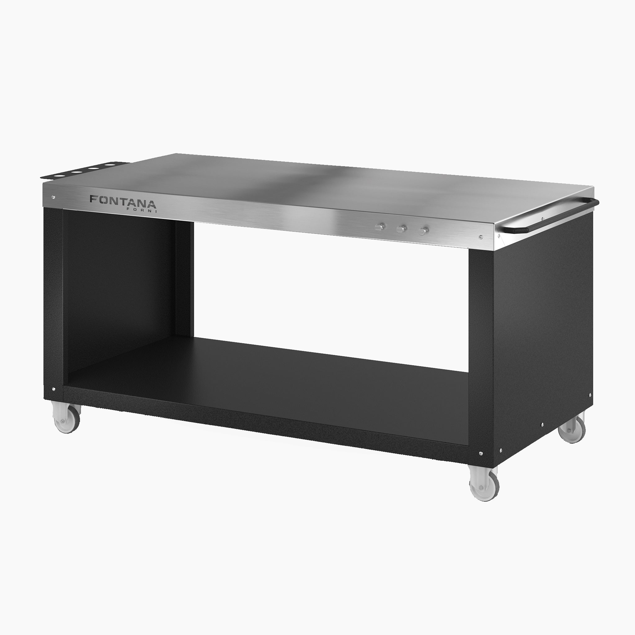 Fontana Pizza Desk, a stainless steel and black rolling kitchen cart with open storage shelf and four caster wheels, is ideal for an outdoor kitchen or multifunction cooking station.