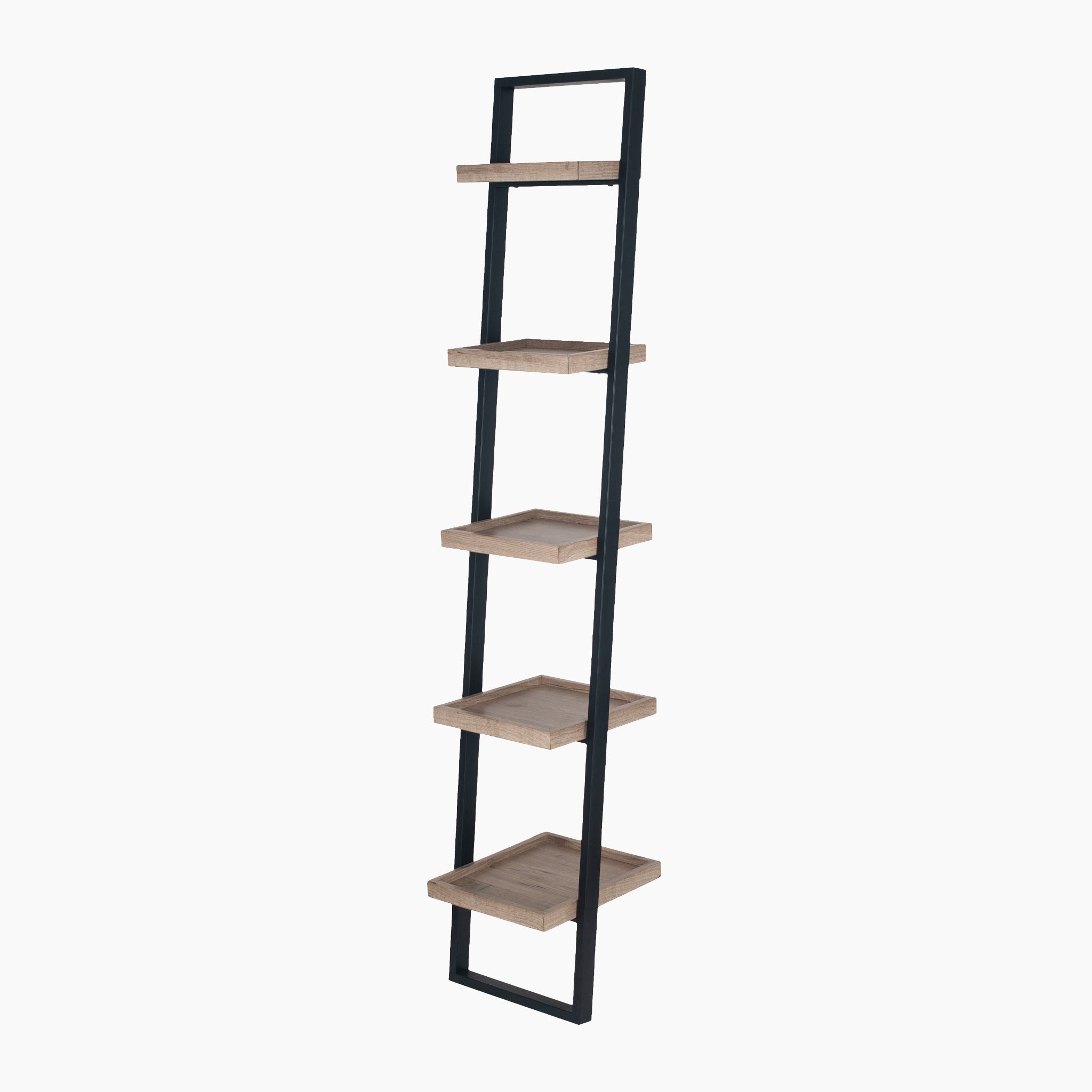 The Pacific Lifestyle - Gallery Shelf Unit features a tall ladder-style design with a black frame and five wooden shelves, combining industrial aesthetics with practical function.