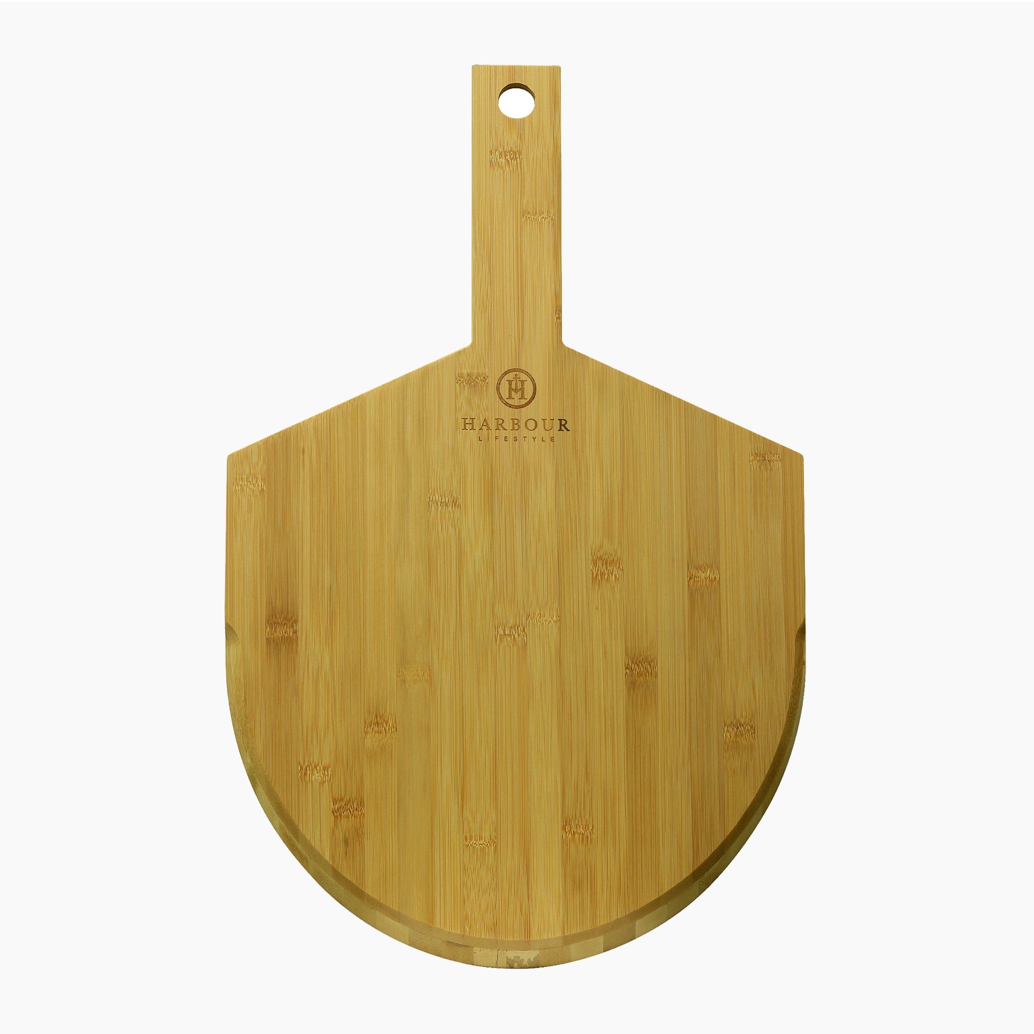 A 16" bamboo pizza board with a long handle, perfect for any pizza party, featuring the brand name "Harbour" engraved near the top.